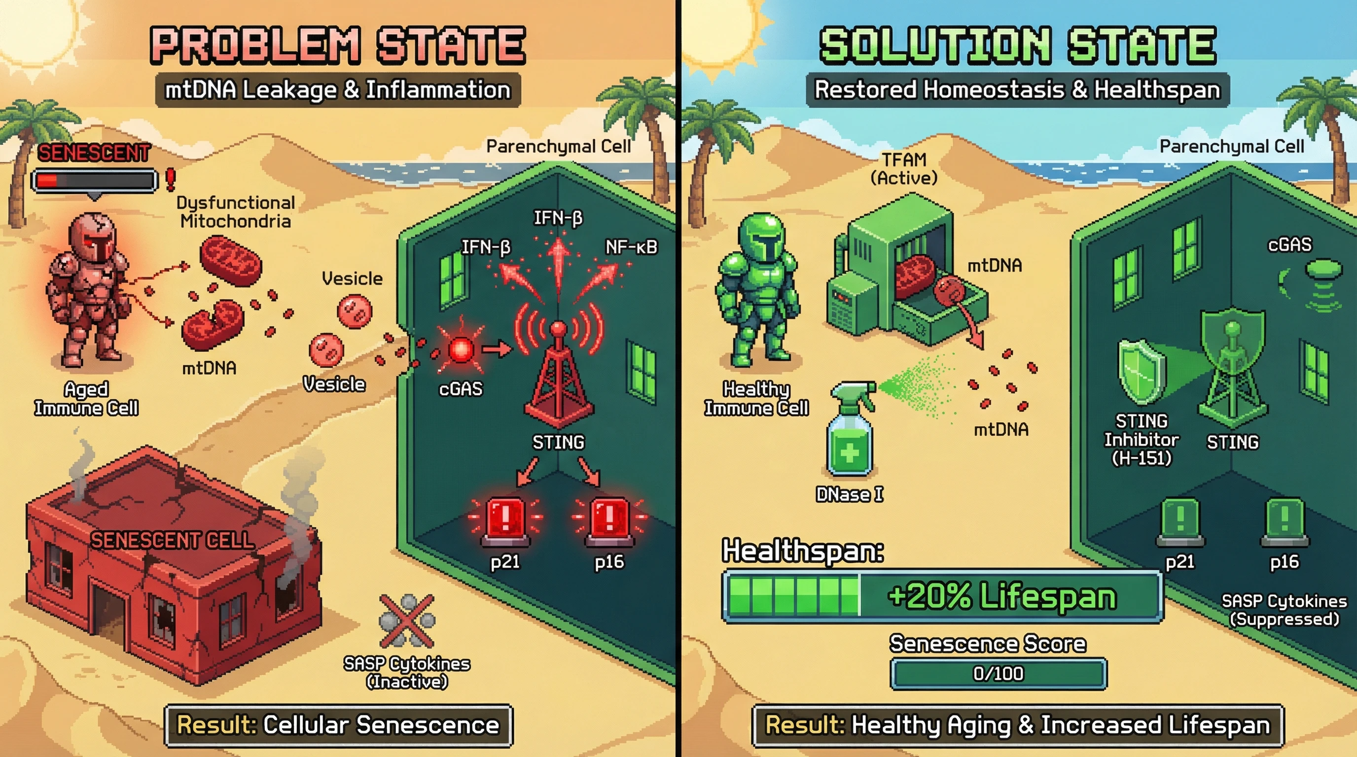 Infographic for: Mitochondrial DNA from senescent immune cells activates cGAS‑STING in distant tissues, propagating senescence independently of cytokine SASP