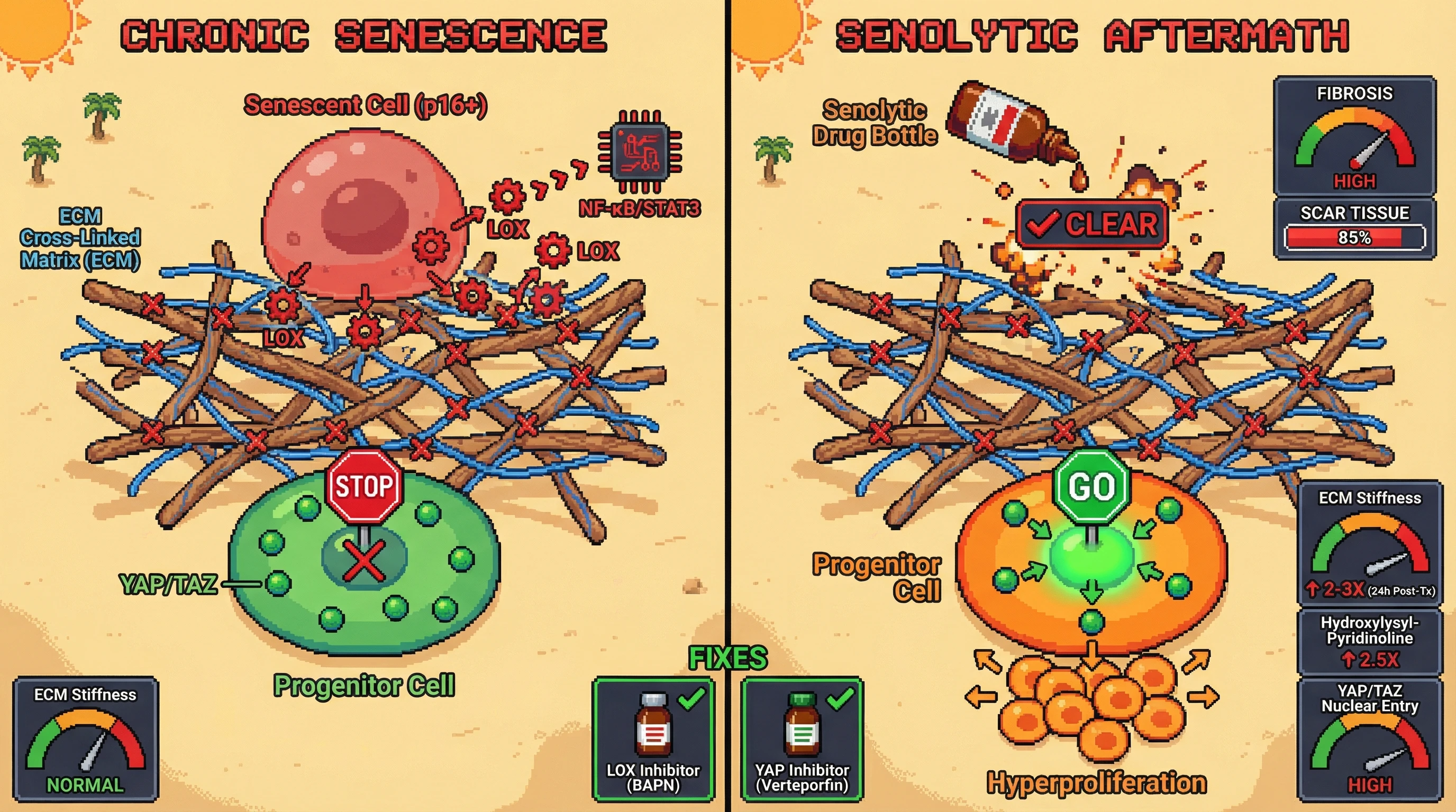 Mechanism: Senescent cells stiffen the extracellular matrix via LOX, suppressing progenitor cell YAP/TAZ and maintaining quiescence, but senolytic removal leaves a transiently stiff matrix that hyperactivates YAP/TAZ, driving hyperproliferation and fibrosis. Readout: Readout: Senolytic treatment increases ECM stiffness by 2-3 fold within 24 hours and boosts hydroxylysyl-pyridinoline cross-links, leading to elevated nuclear YAP/TAZ in progenitor cells.