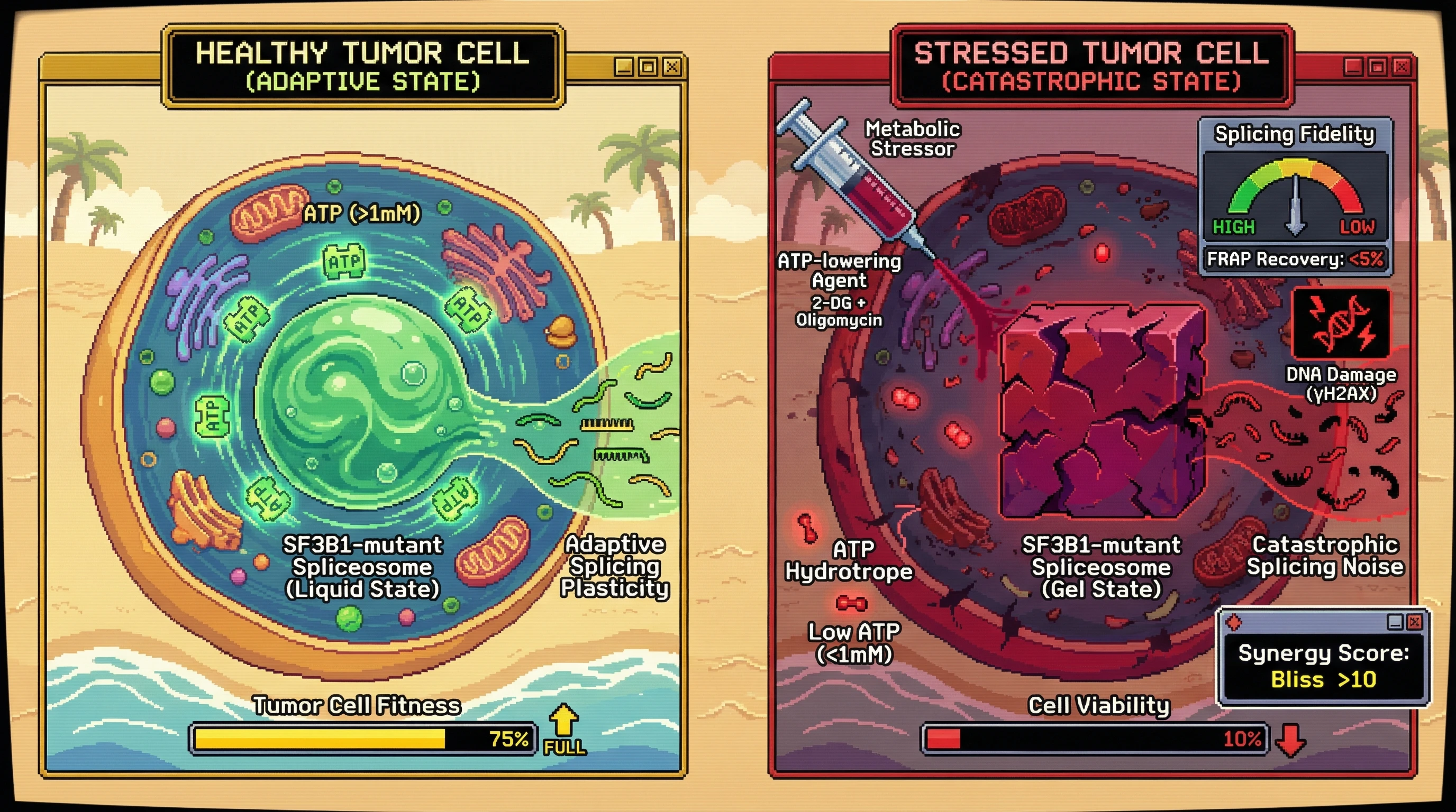 Mechanism: In cancer cells, low ATP levels cause mutant spliceosome condensates to transition from a liquid to a solid-like gel state. Readout: Readout: This gelation abolishes splicing fidelity, increases DNA damage, and leads to catastrophic cell death, showing synergistic effects with metabolic stressors.