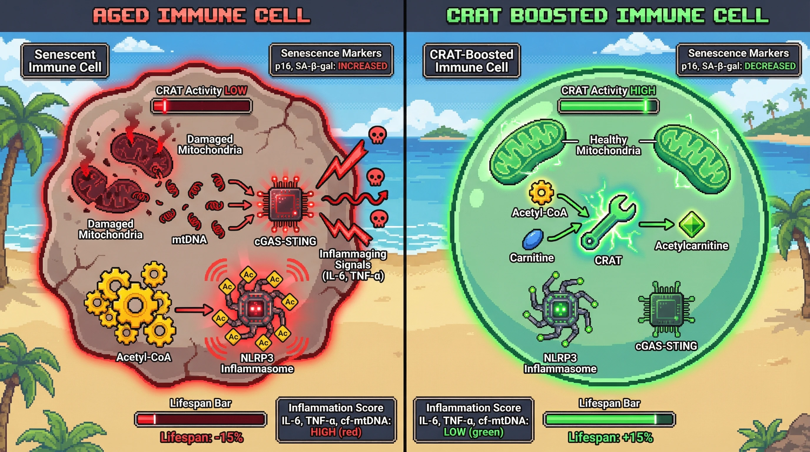 Infographic for: Enhancing CARnitine Acetyltransferase in Senescent Immune Cells Breaks the Mitochondria‑Inflammaging Loop and Extends Healthspan
