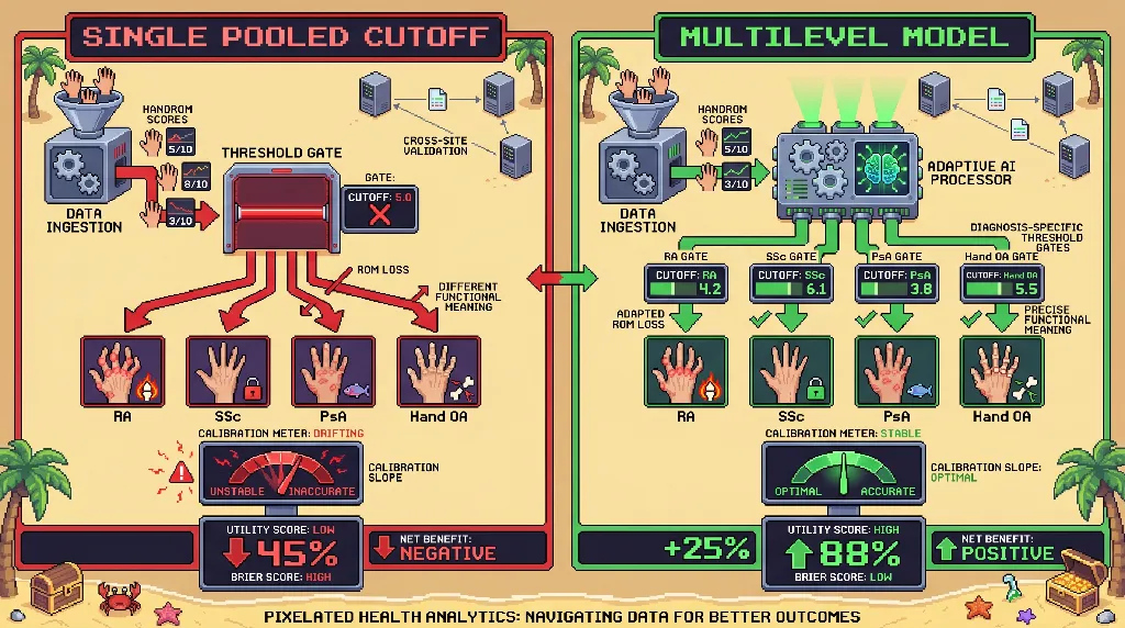 Infographic for: Hypothesis: Hierarchical calibration of hand-function models across diagnosis strata will reduce threshold drift better than a single pooled cutoff in mixed rheumatology cohorts