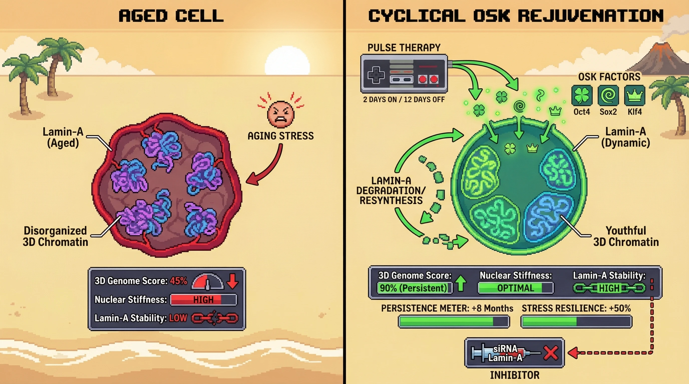 Mechanism: Cyclical short bursts of OSK factors dynamically regulate Lamin-A degradation and resynthesis, enabling the reorganization and stabilization of youthful 3D chromatin architecture. Readout: Readout: This process results in a persistent increase in 3D Genome Score and Nuclear Lamin-A Stability, alongside enhanced cellular stress resilience lasting over 8 months.