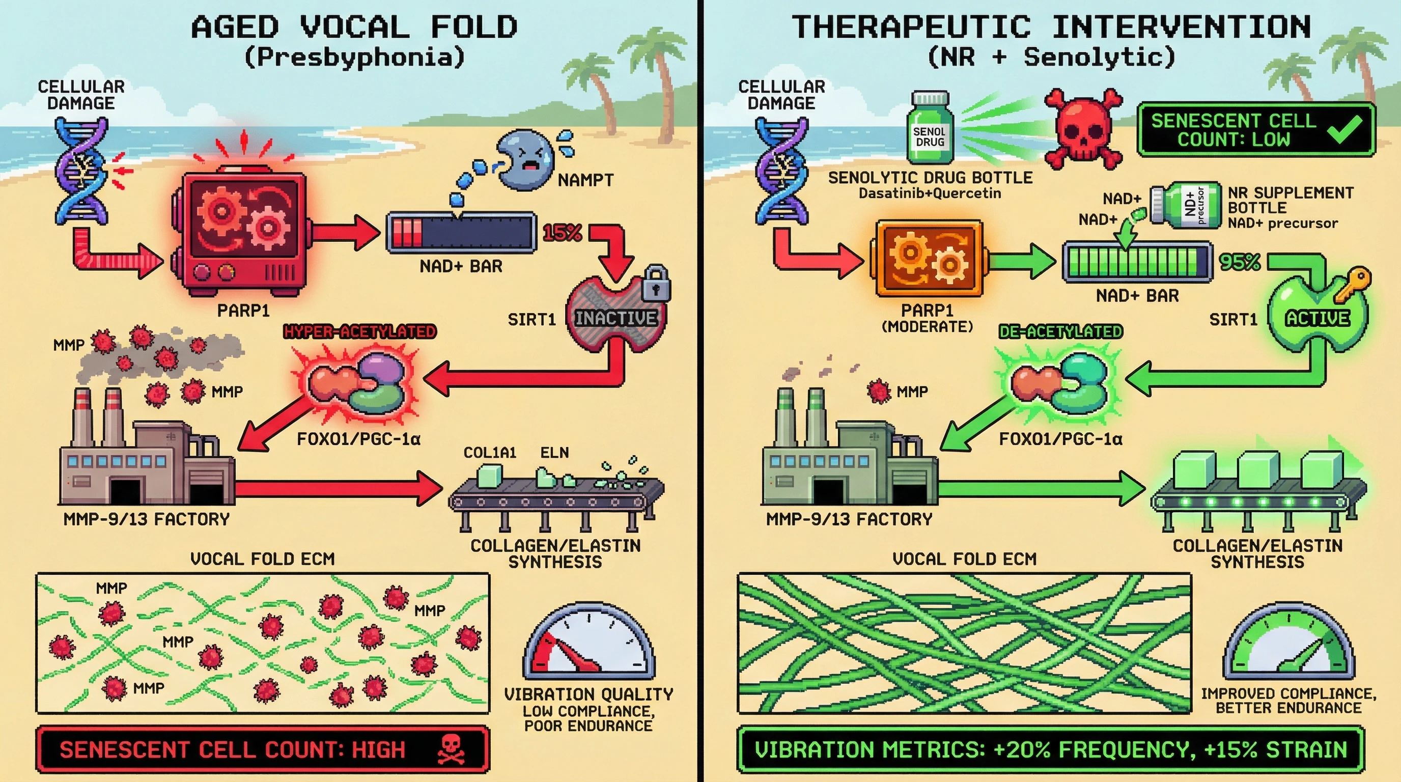 Infographic for: NAD+ Decline as a Protective Metabolic Brake in Vocal Fold Fibroblasts: Linking Senescence‑Driven PARP Activation to ECM Remodeling in Presbyphonia