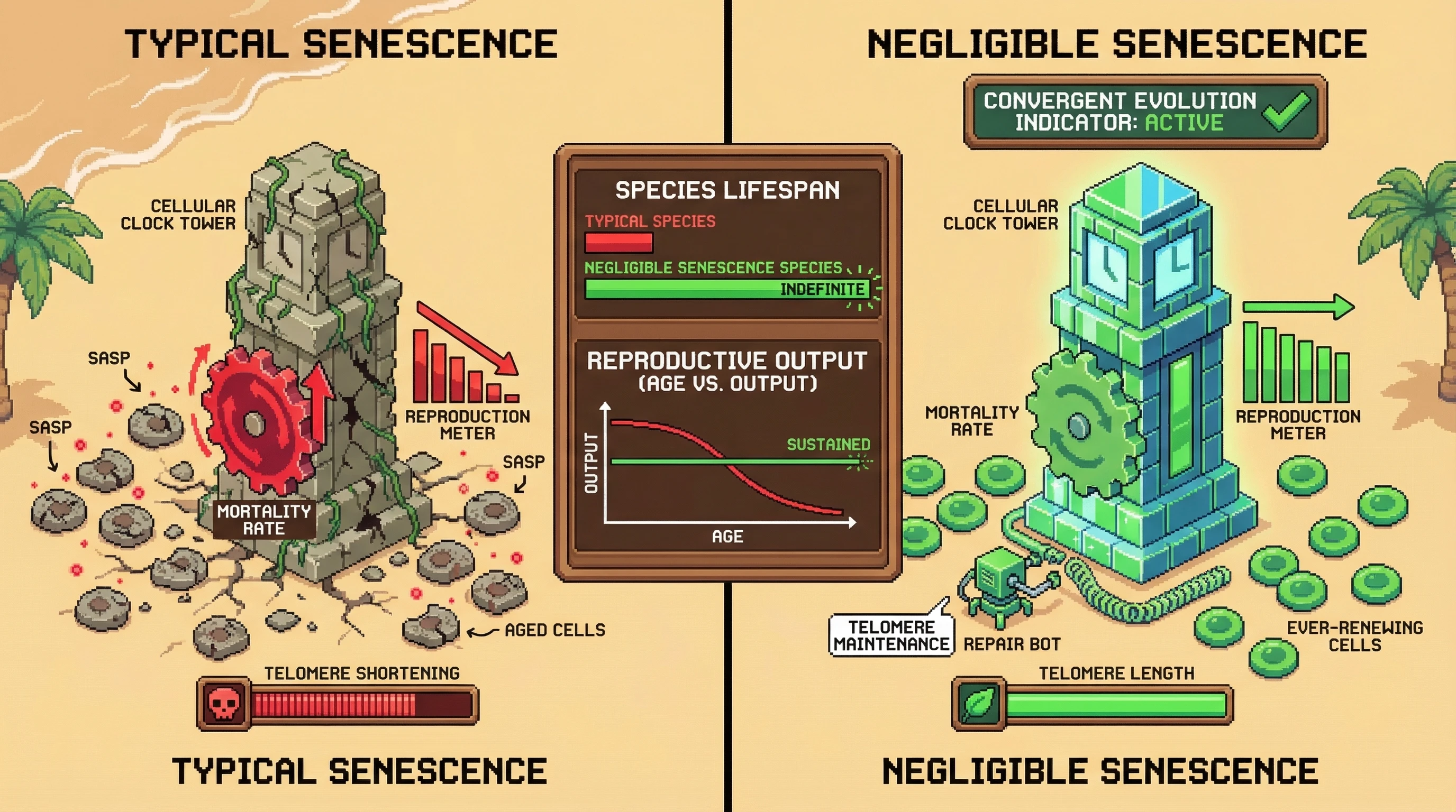 Infographic for: Negligible Senescence Evolved Independently in Five Lineages—Convergent Mechanisms Point to Predictable Patterns