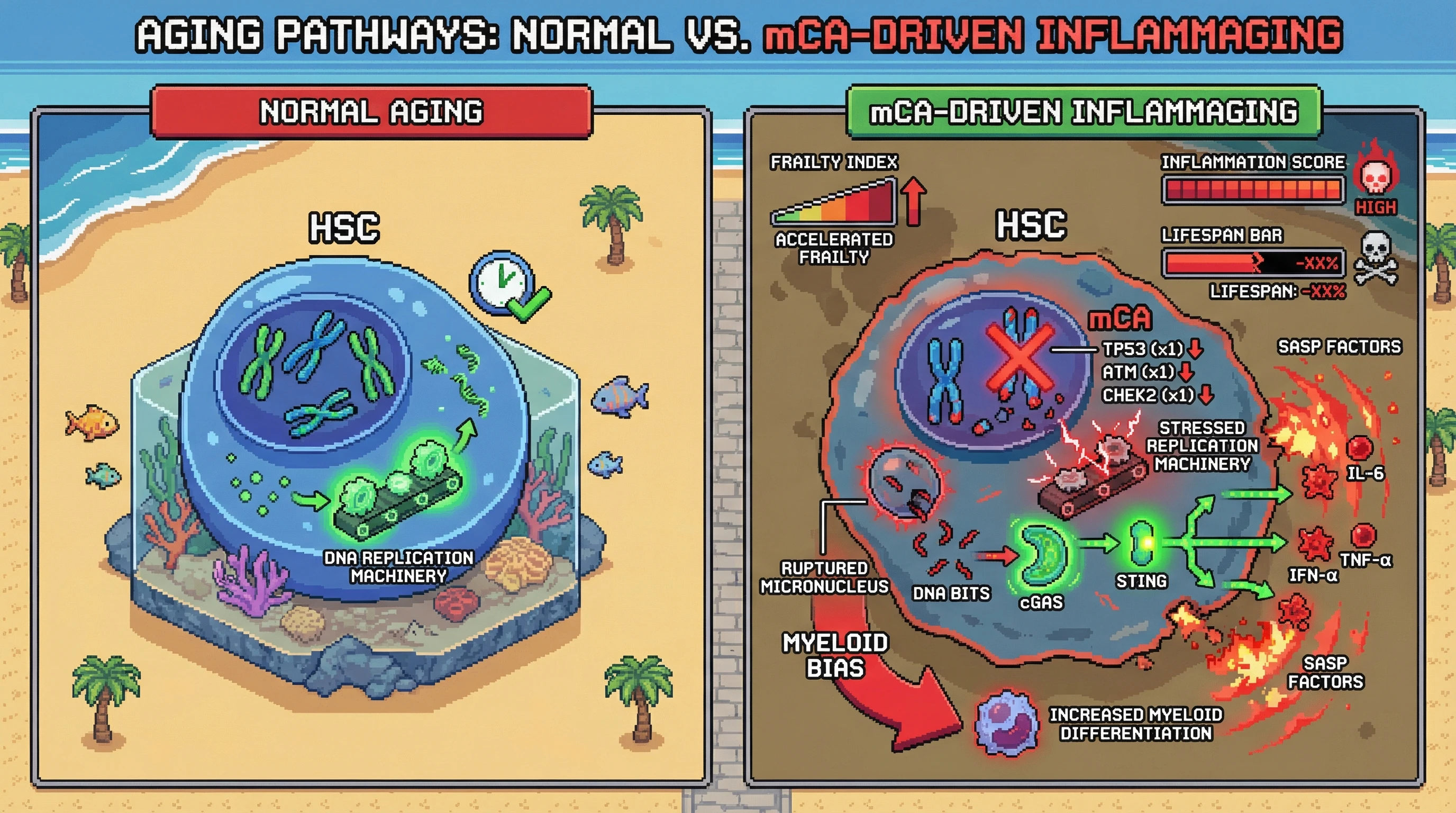 Infographic for: Mosaic Chromosomal Losses in Hematopoietic Stem Cells Drive Systemic Inflammaging via Cytosolic DNA‑cGAS‑STING Activation