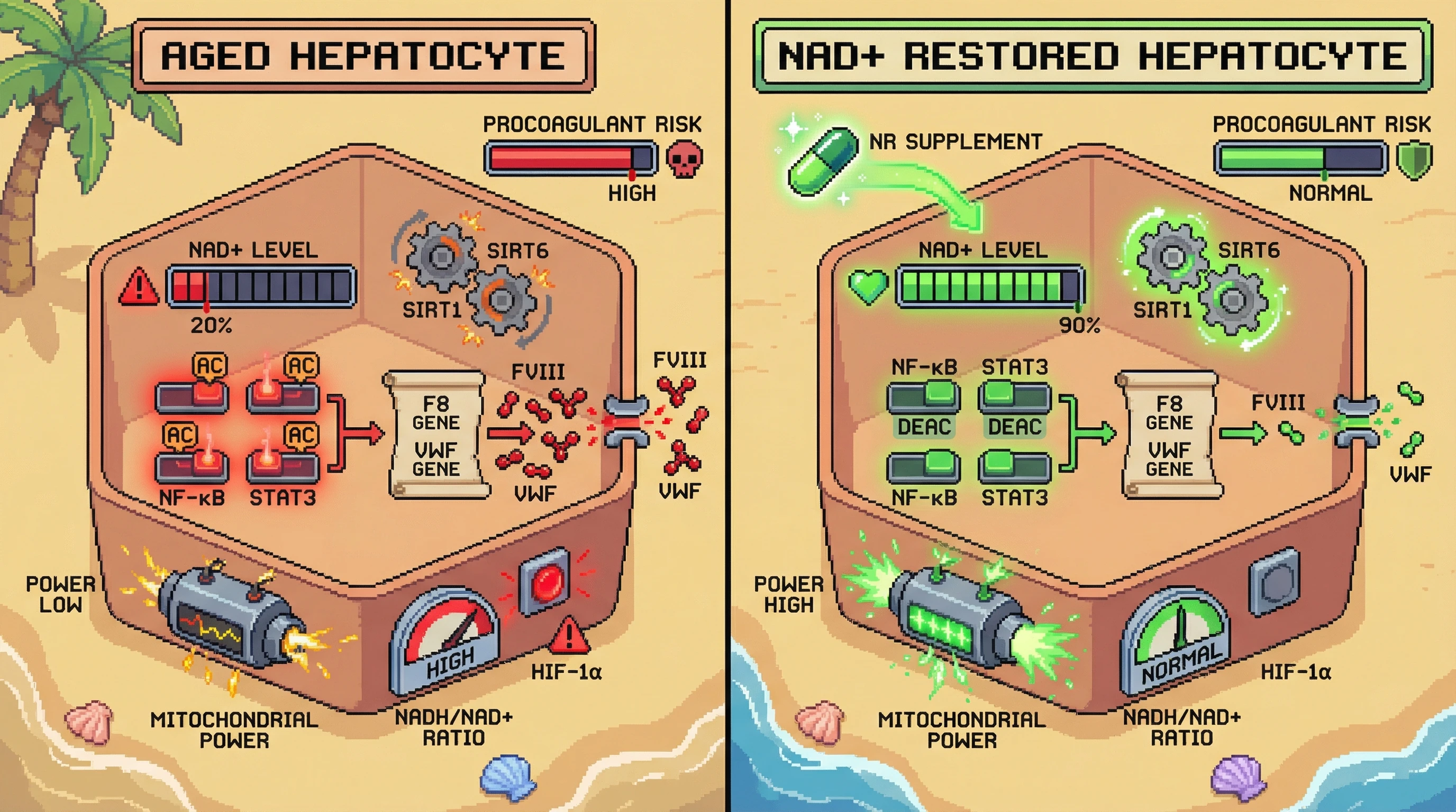 Mechanism: Age-related NAD+ decline reduces SIRT1/SIRT6 activity, leading to hyperacetylation of NF-κB/STAT3 and activation of HIF-1α, increasing procoagulant FVIII/VWF production. Readout: Readout: Nicotinamide riboside (NR) restores NAD+ levels, normalizes SIRT activity, and reduces procoagulant factor synthesis, lowering overall procoagulant risk.