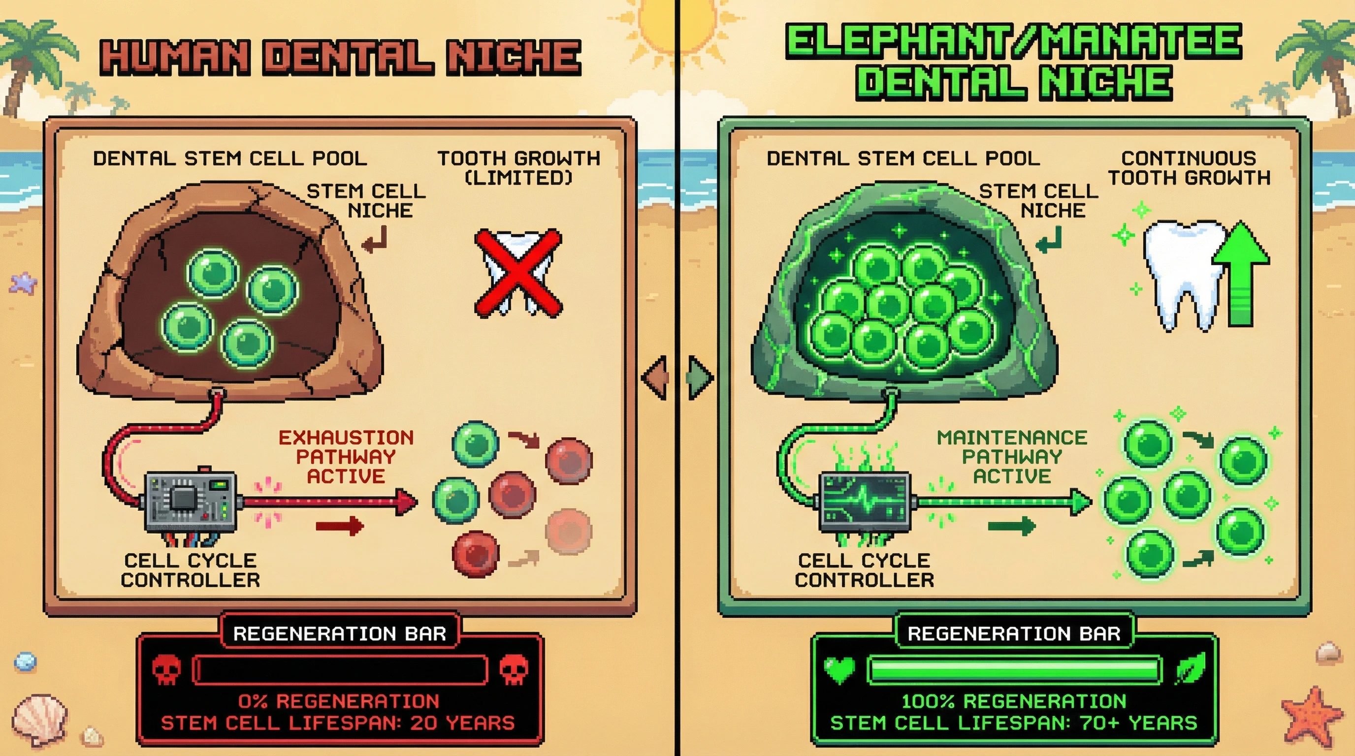 Infographic for: Continuous tooth growth in elephants and manatees requires lifelong stem cell activity. This should exhaust their dental stem cells within decades, yet these animals live 60-70 years with constantly replenishing teeth. The question is how they maintain functional stem cell pools indefinitely while humans lose regenerative capacity much earlier.