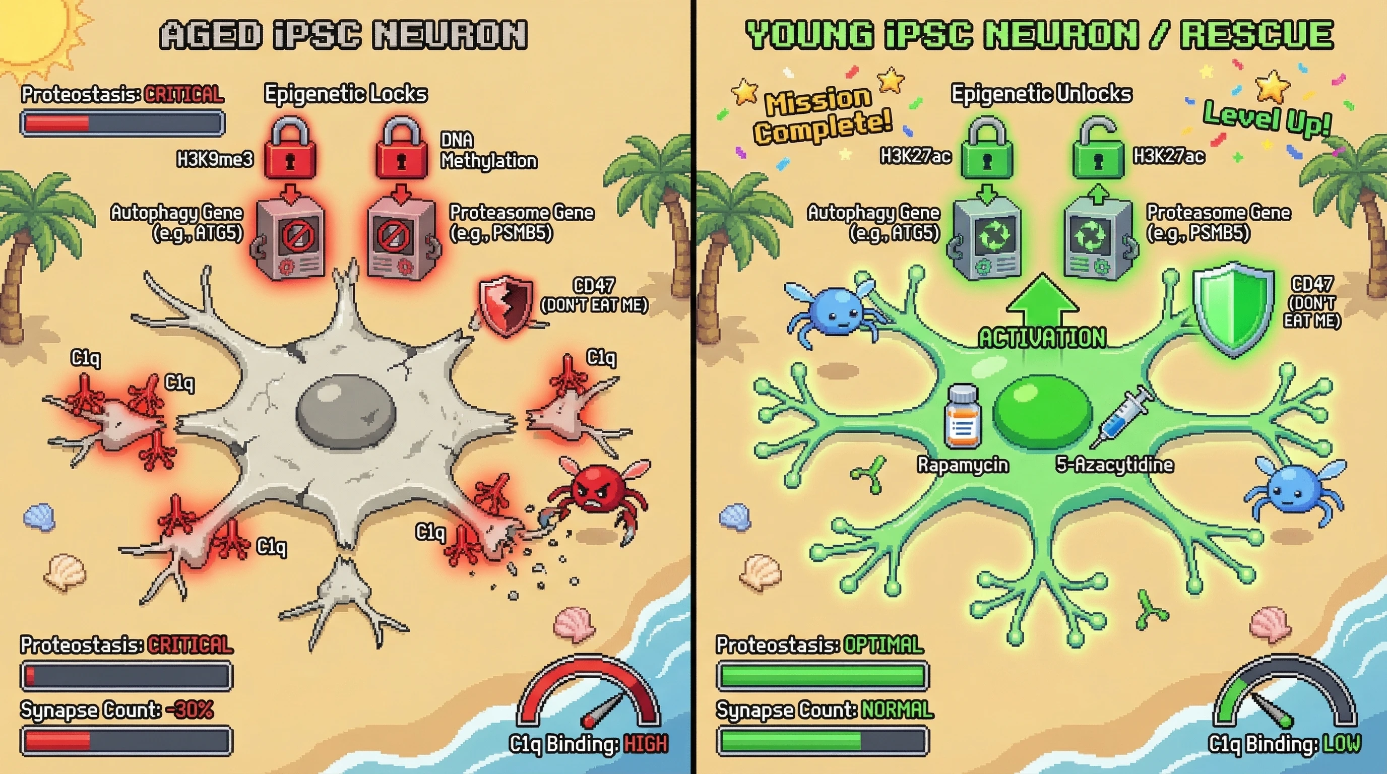 Infographic for: Epigenetic scar hypothesis: aged neurons retain proteostatic stress marks that resist iPSC reprogramming and predispose to complement-mediated pruning