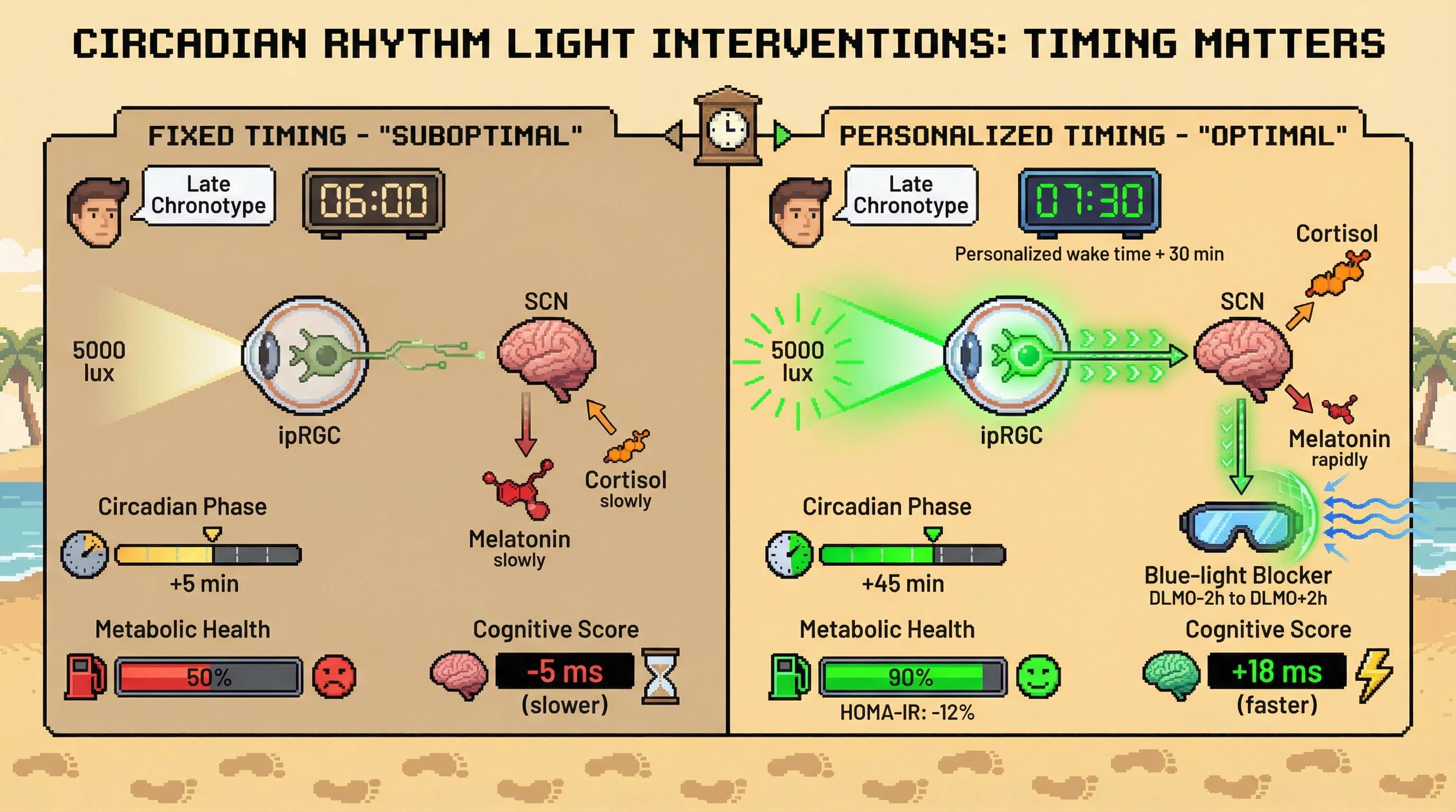 Mechanism: Chronotype-personalized morning light and evening blue-light blocking optimize ipRGC-SCN signaling, leading to better melatonin suppression and cortisol elevation. Readout: Readout: This results in a greater circadian phase advance (e.g., +45 min), improved HOMA-IR (e.g., -12%), and faster Psychomotor Vigilance Task reaction times (e.g., +18 ms).