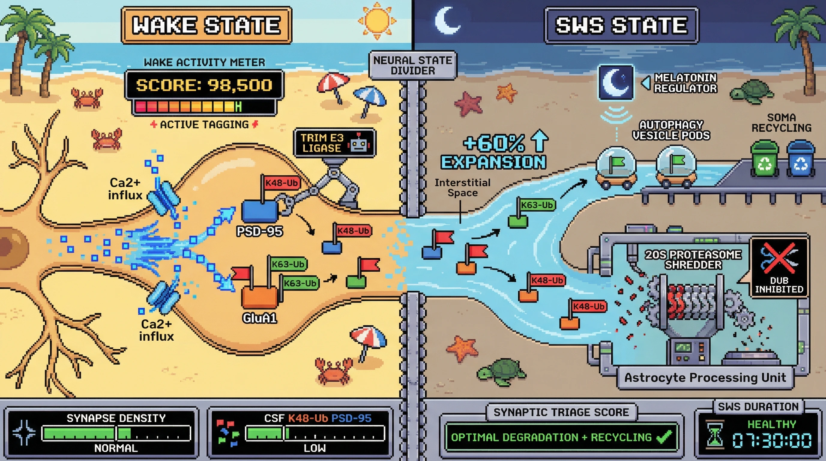 Infographic for: Sleep-dependent synaptic triage: glymphatic flux gates activity-tagged protein degradation via ubiquitin‑proteasome coupling