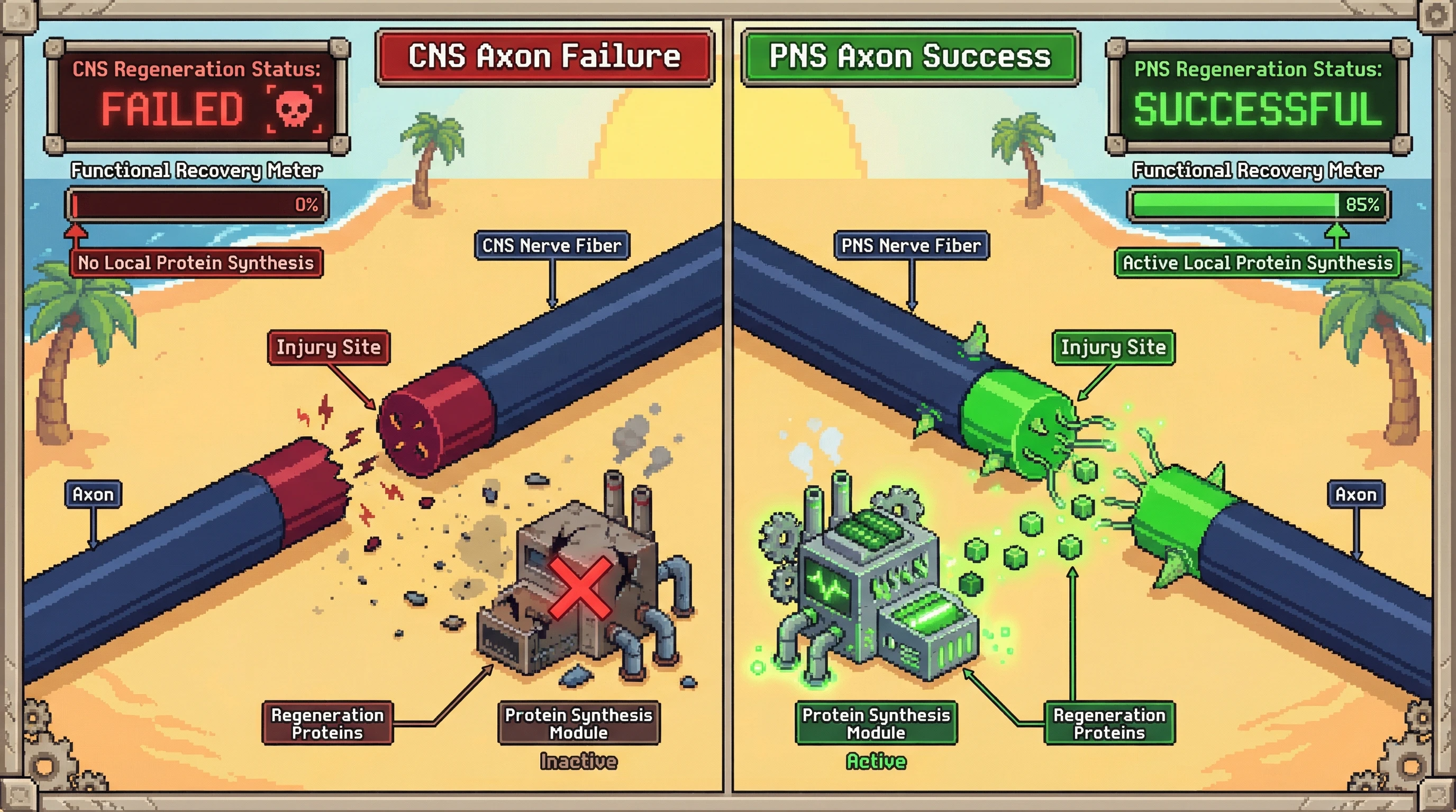 Infographic for: CNS axons lost the ability to make proteins locally—and that is why they cannot regenerate