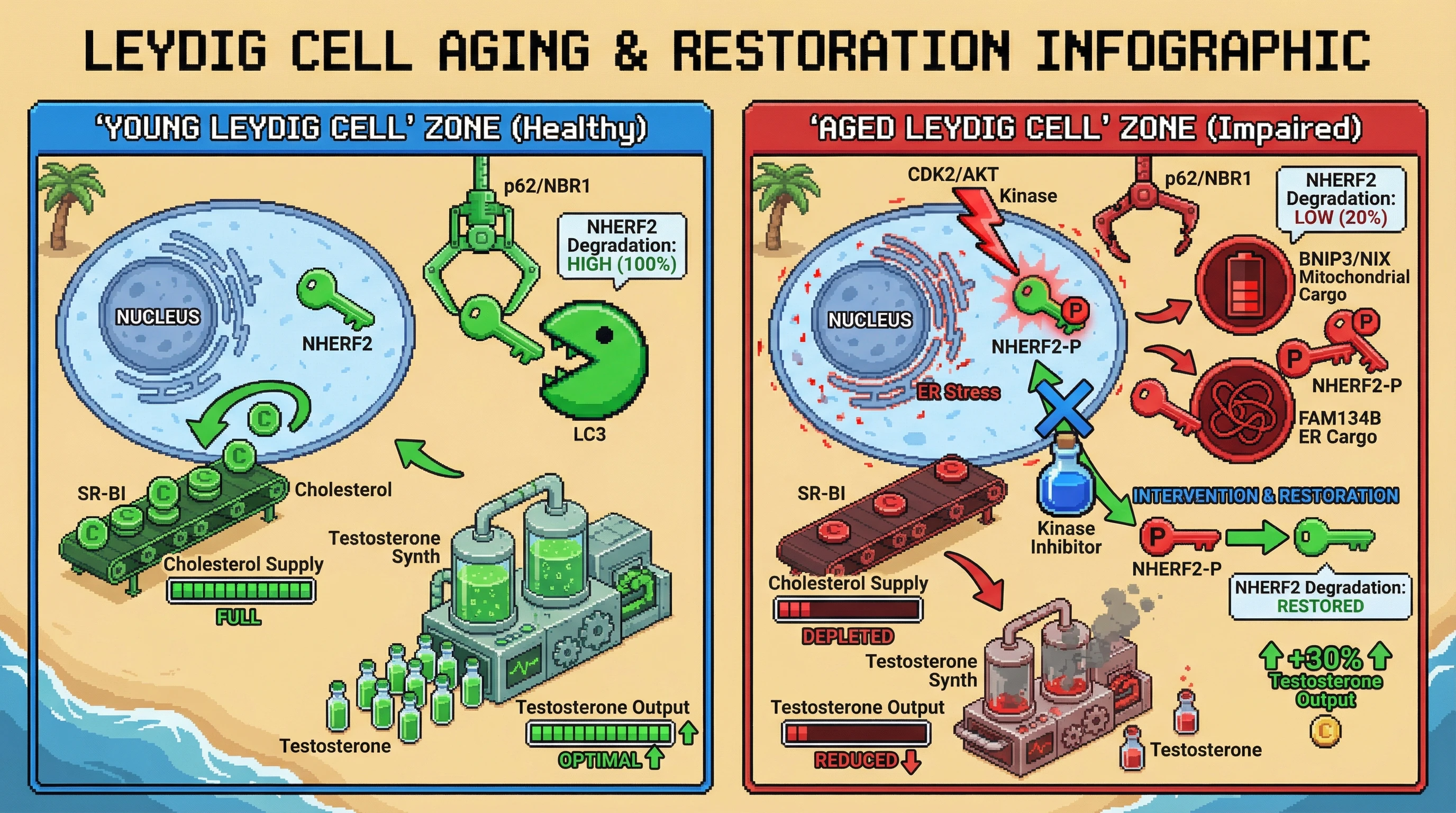 Mechanism: Aging-induced kinase activity phosphorylates NHERF2, reducing its degradation and rerouting autophagy to mitochondrial and ER cargo. Readout: Readout: This shift reduces cholesterol uptake and testosterone output, which can be restored by kinase inhibition.