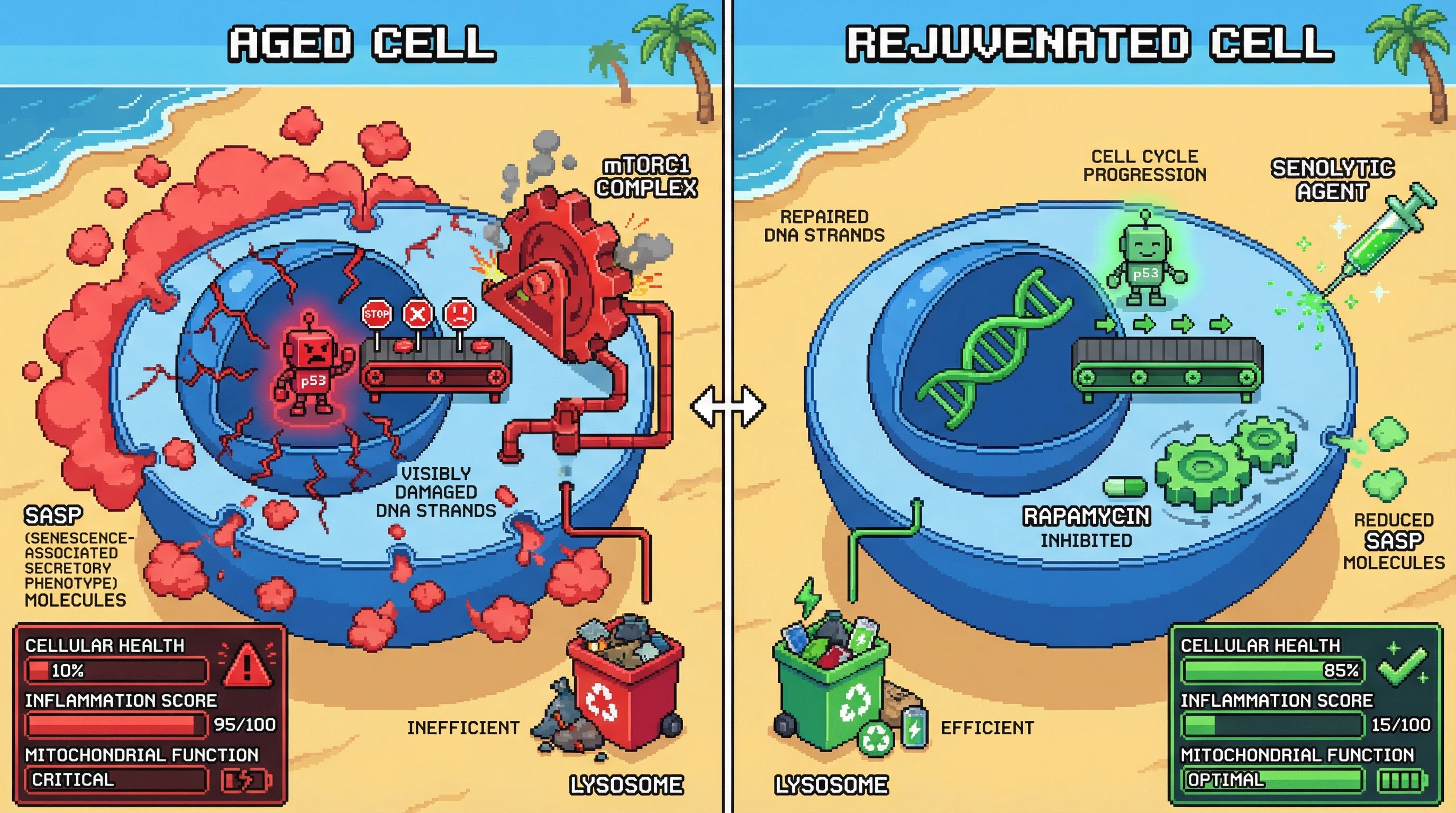 This infographic illustrates a hypothetical scenario where cellular senescence, typically an irreversible endpoint, can be reprogrammed to a reversible state by targeting key pathways like p53 and mTORC1, restoring youthful cellular competence.