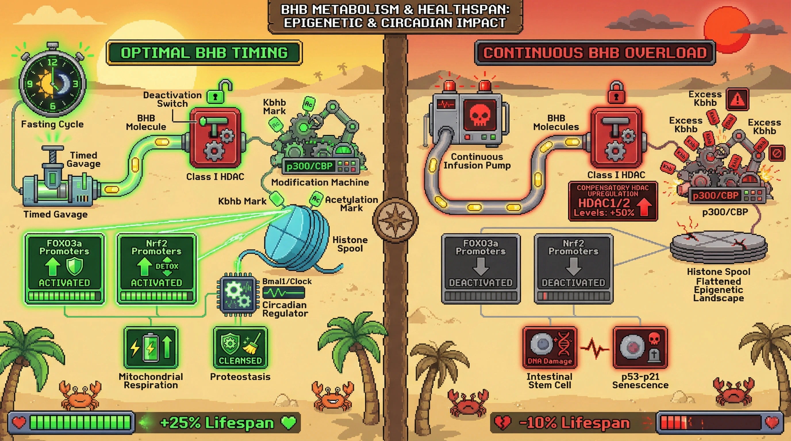 Infographic for: Rhythmic β-hydroxybutyrate exposure gates HDAC inhibition and histone β-hydroxybutyrylation to sustain circadian chromatin remodeling and extend mammalian healthspan
