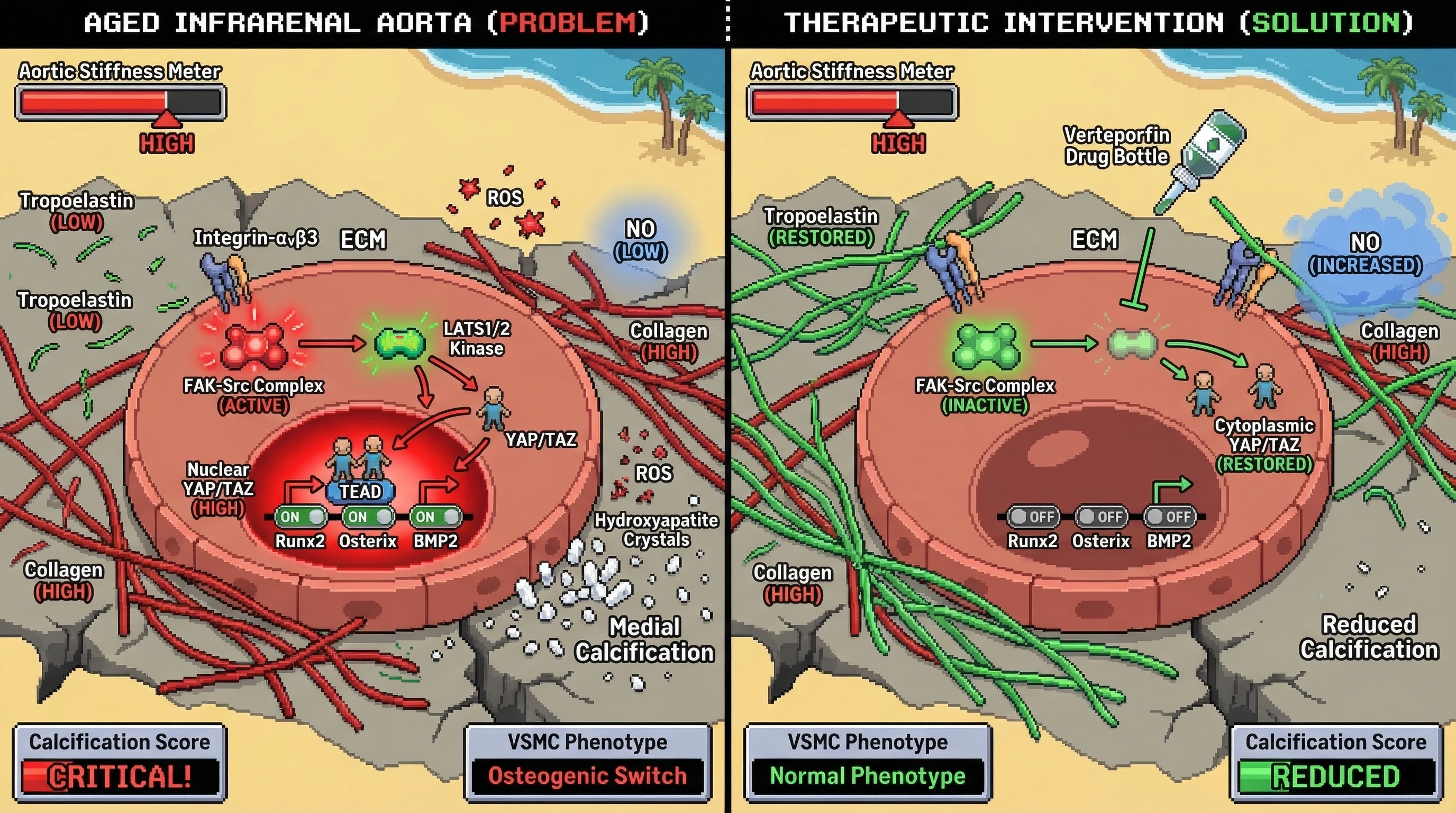 Mechanism: Loss of tropoelastin increases aortic stiffness, activating FAK-Src and driving YAP/TAZ into VSMC nuclei, promoting osteogenic differentiation and calcification. Readout: Readout: Tropoelastin rescue or YAP/TAZ inhibition restores cytoplasmic YAP/TAZ localization and reduces medial calcification despite persistent stiffness.