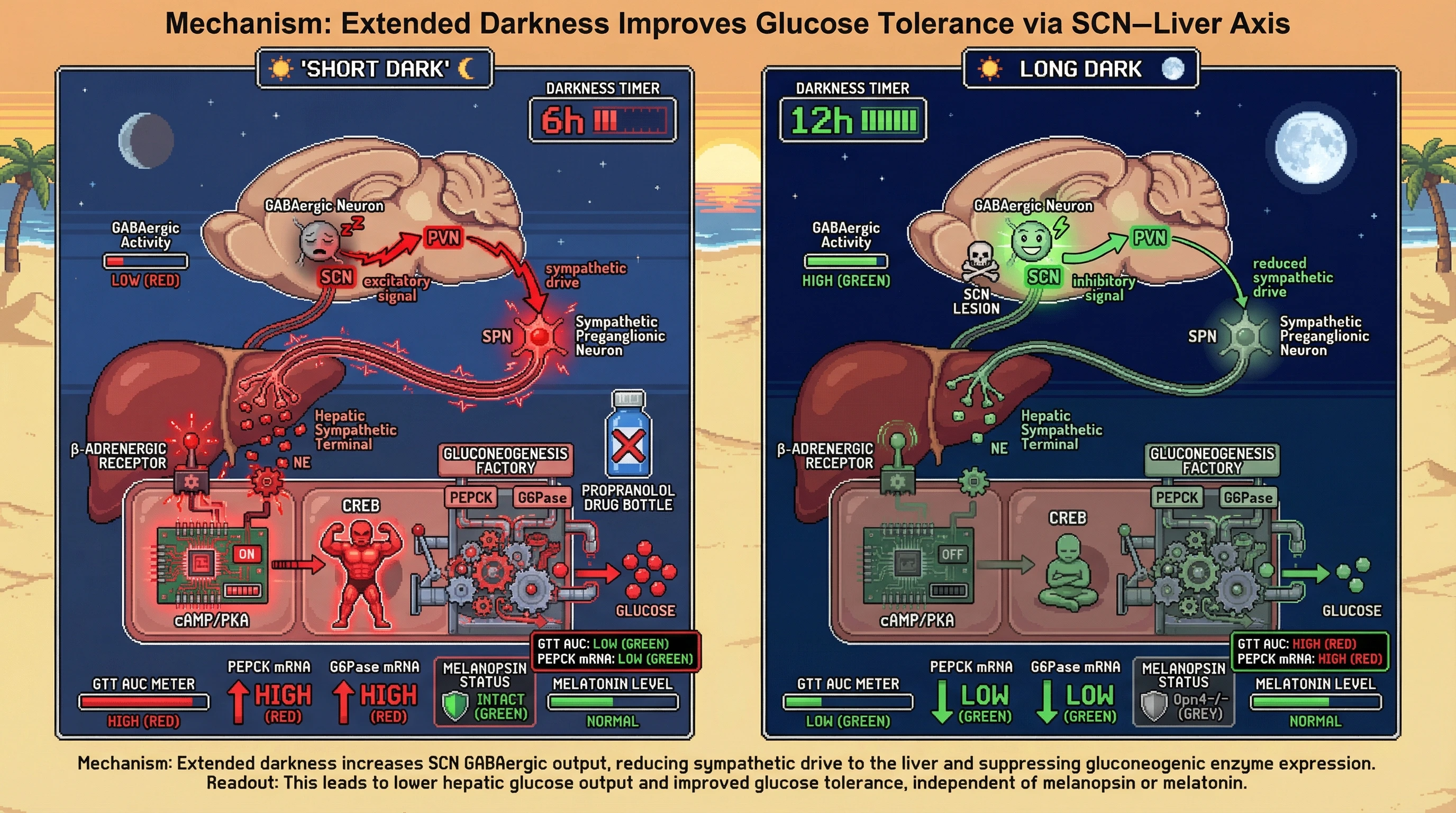 Infographic for: Darkness Duration Gates SCN-Mediated Suppression of Hepatic Gluconeogenesis Independent of Melanopsin Signaling