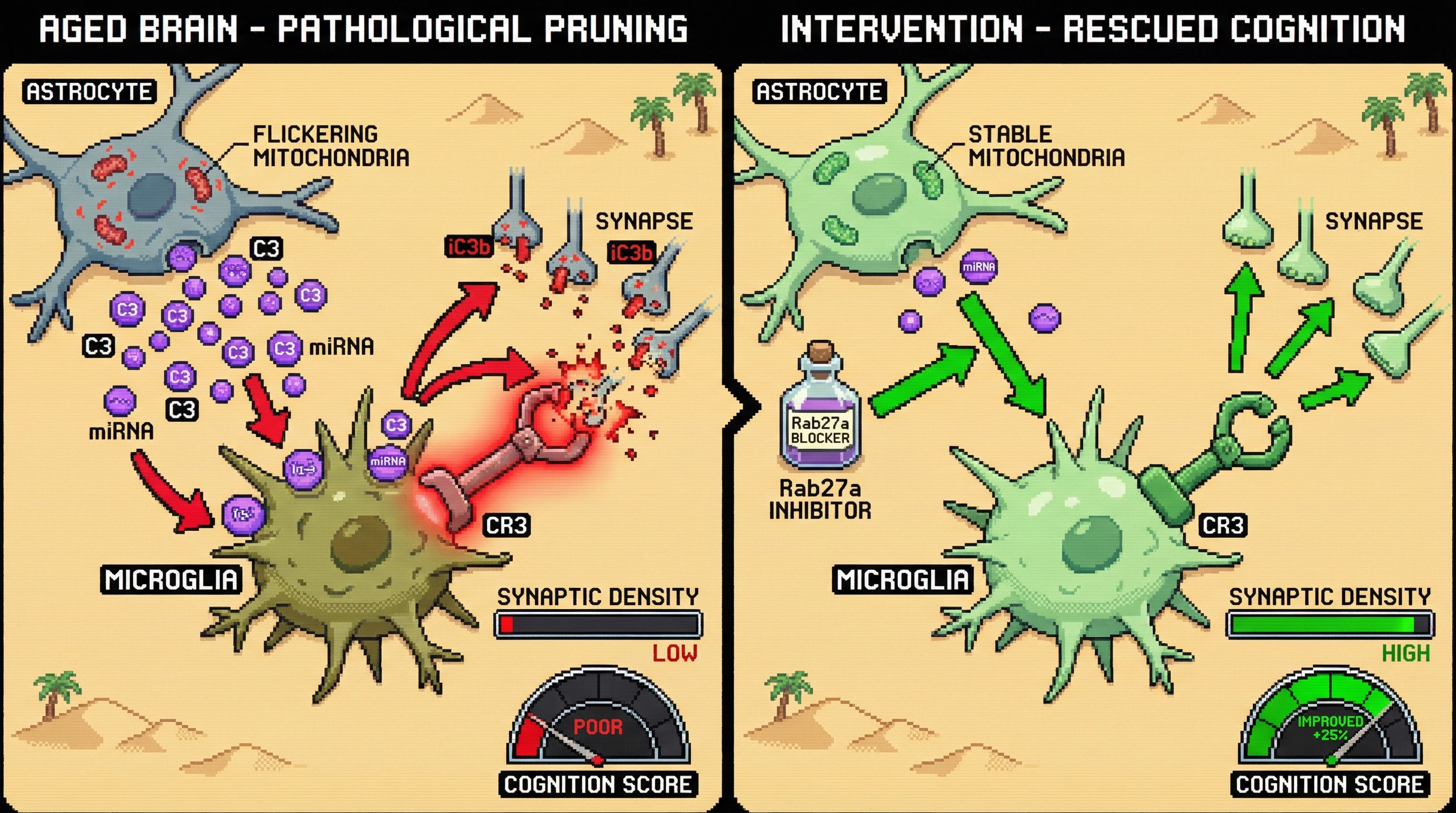 Infographic for: Astrocyte-derived extracellular vesicles propagate complement C3 to microglia, creating a feed‑forward loop that drives age-related synaptic pruning