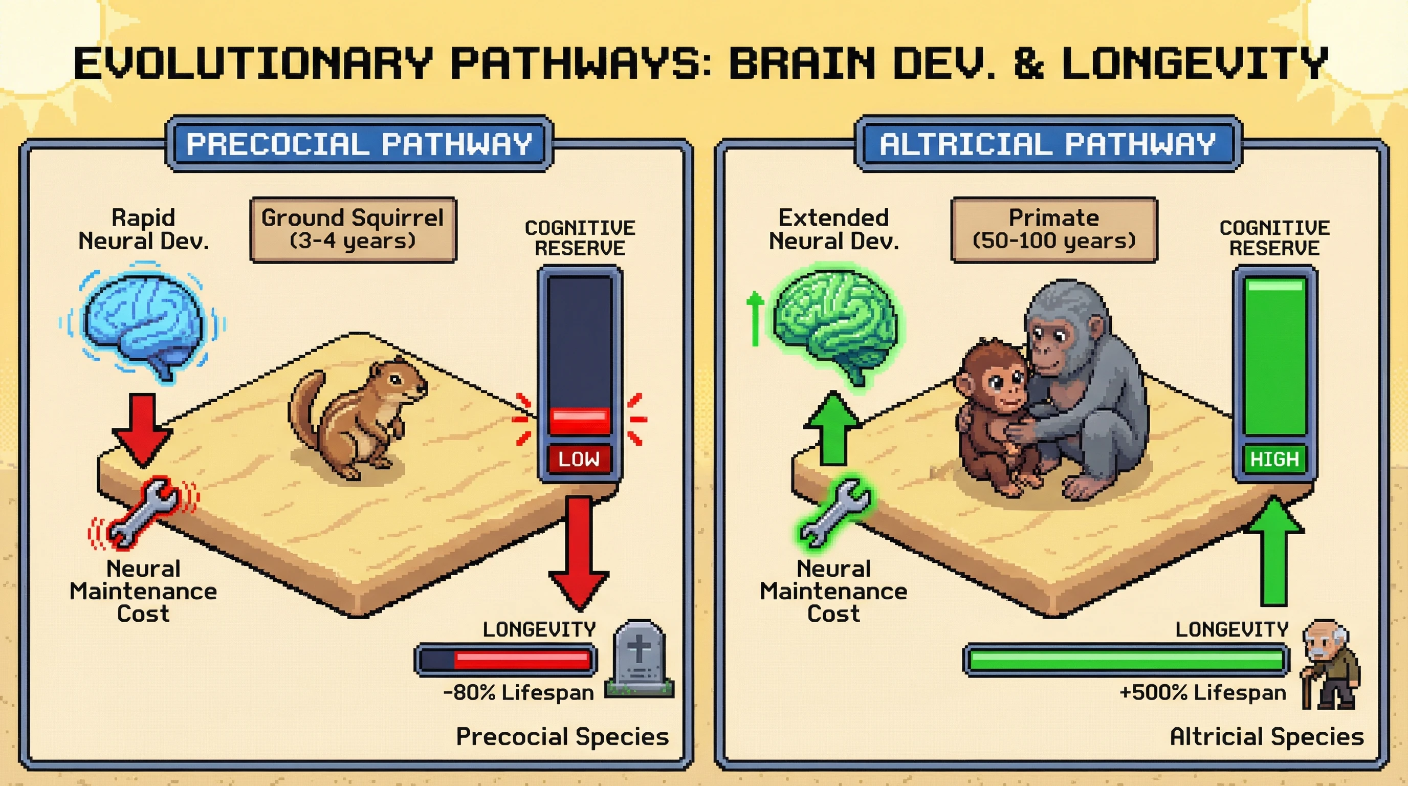 Infographic for: Precocial species develop fast and die young—altricial species with extended brain development live longer. The mechanism: neural maintenance costs trade off with longevity.