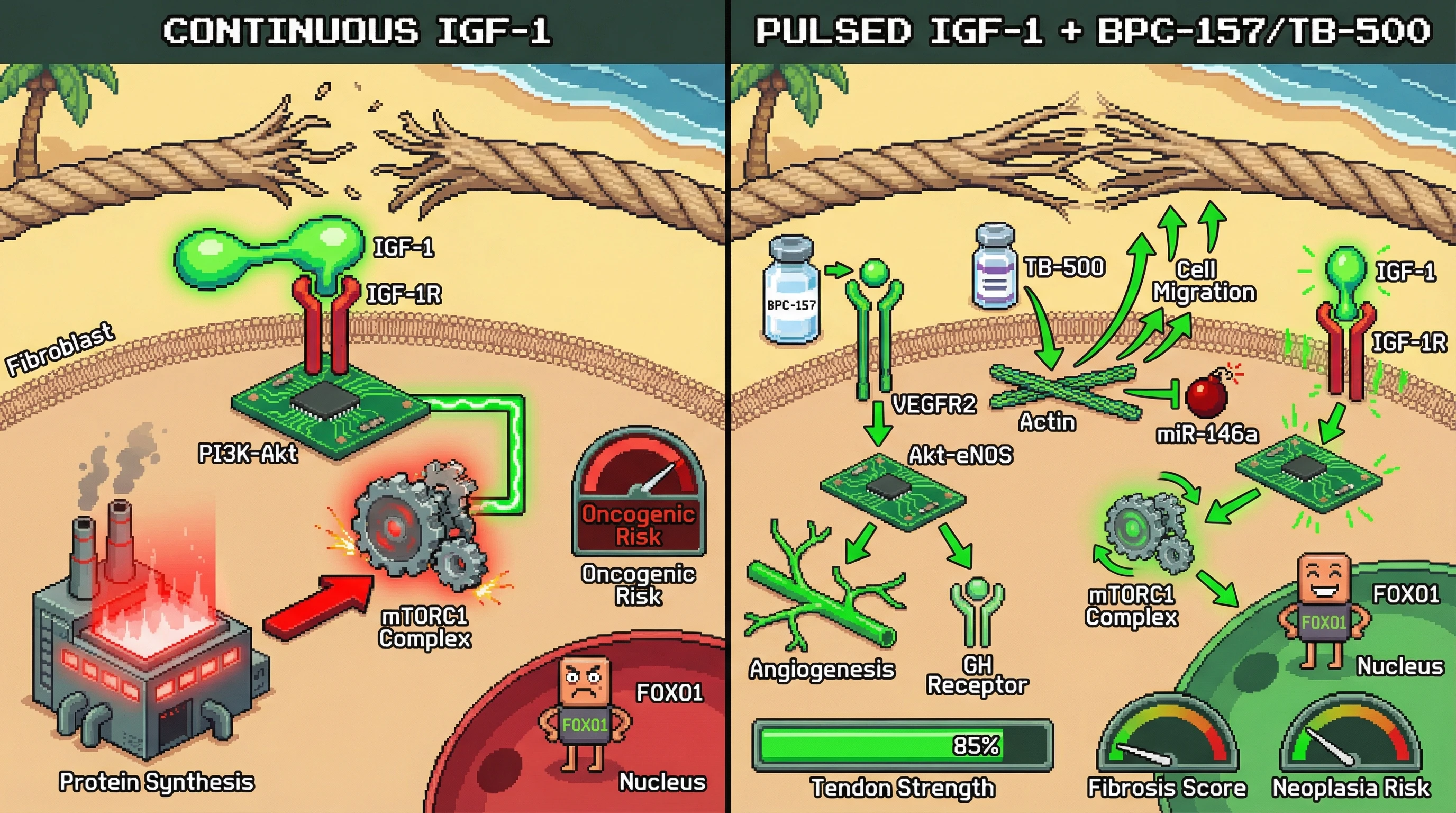 Infographic for: Pulsed IGF‑1 with BPC‑157 and TB‑500 to Boost Tendon Healing While Limiting mTOR‑Driven Cancer Risk