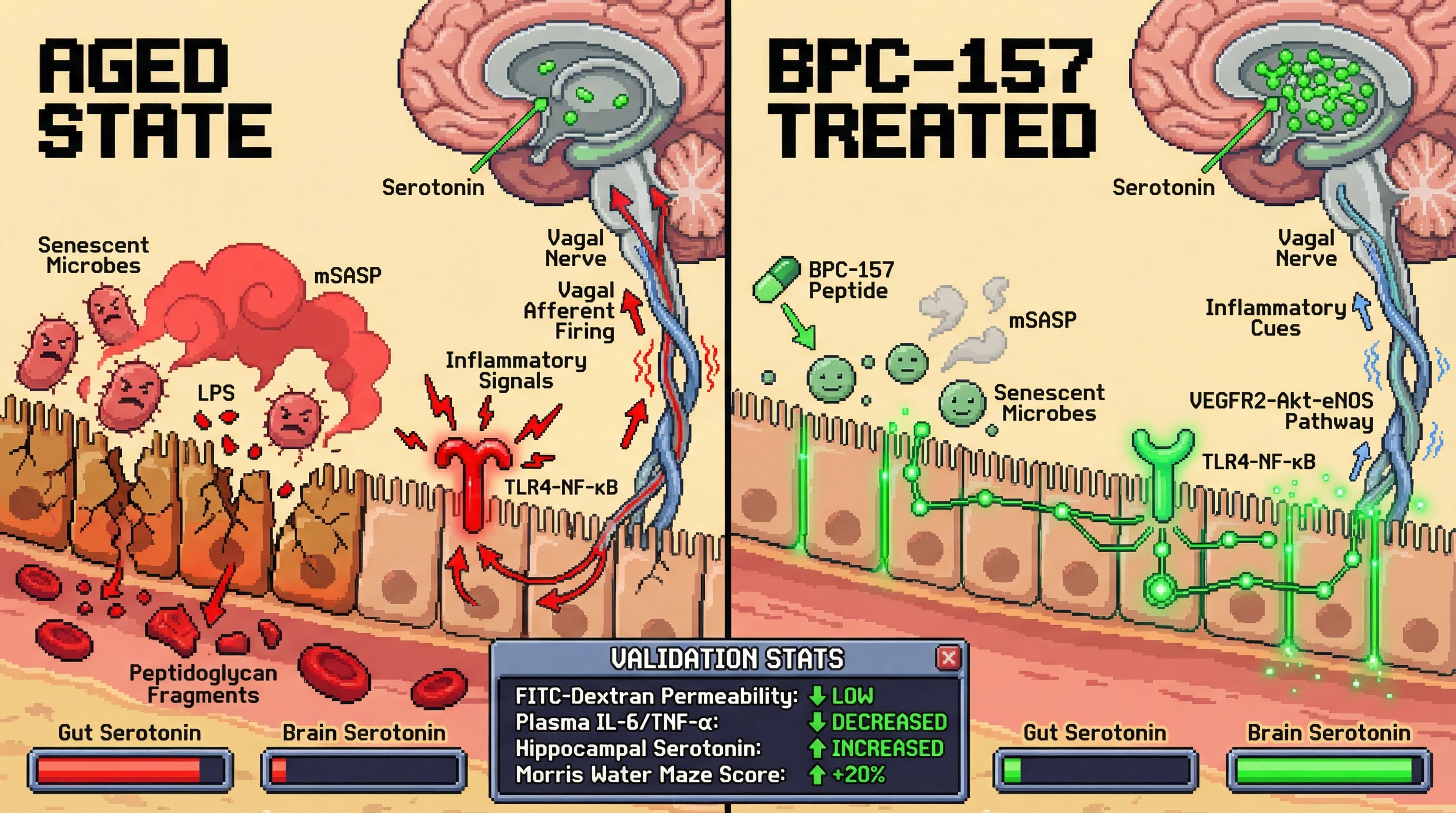 Mechanism: BPC-157 targets senescent gut microbes, reducing their inflammatory mSASP and tightening the intestinal barrier via VEGFR2-Akt-eNOS signaling, thereby re-balancing brain serotonin. Readout: Readout: Gut permeability decreases, plasma inflammatory markers are reduced, hippocampal serotonin levels increase, and cognitive performance improves.