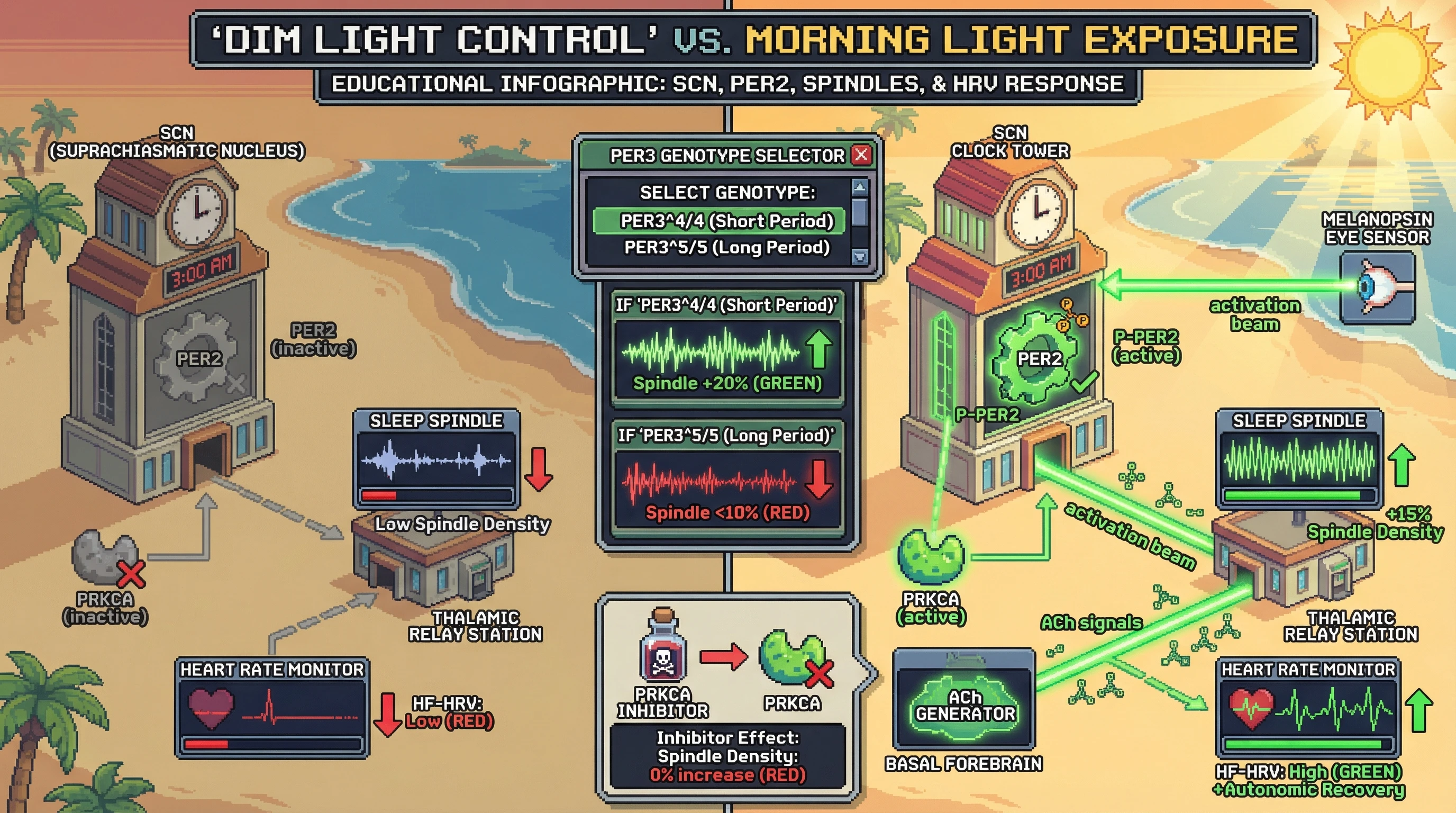 Infographic for: MorningLight Enhances Sleep Spindle Density via SCN‑Thalamocortical Pathways Modulated by Intrinsic Circadian Period