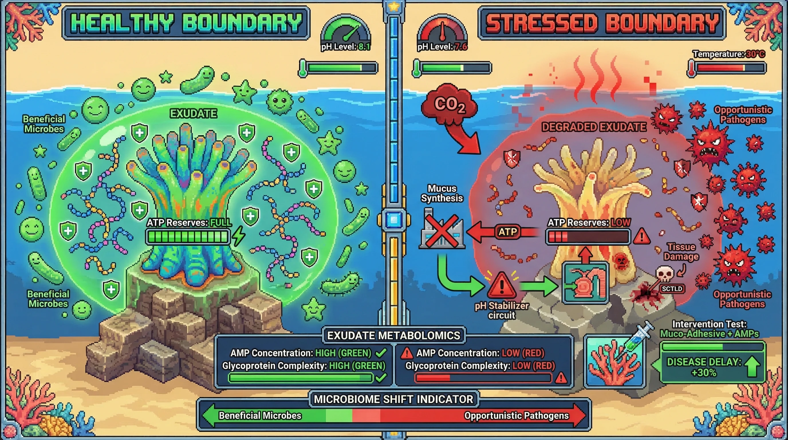 Infographic for: The Exudate-Boundary Hypothesis: Acidification and Thermal Stress Induce Metabolic Trade-offs that Degrade Coral Mucus Integrity, Shifting the Seawater Microbiome Prior to Infection