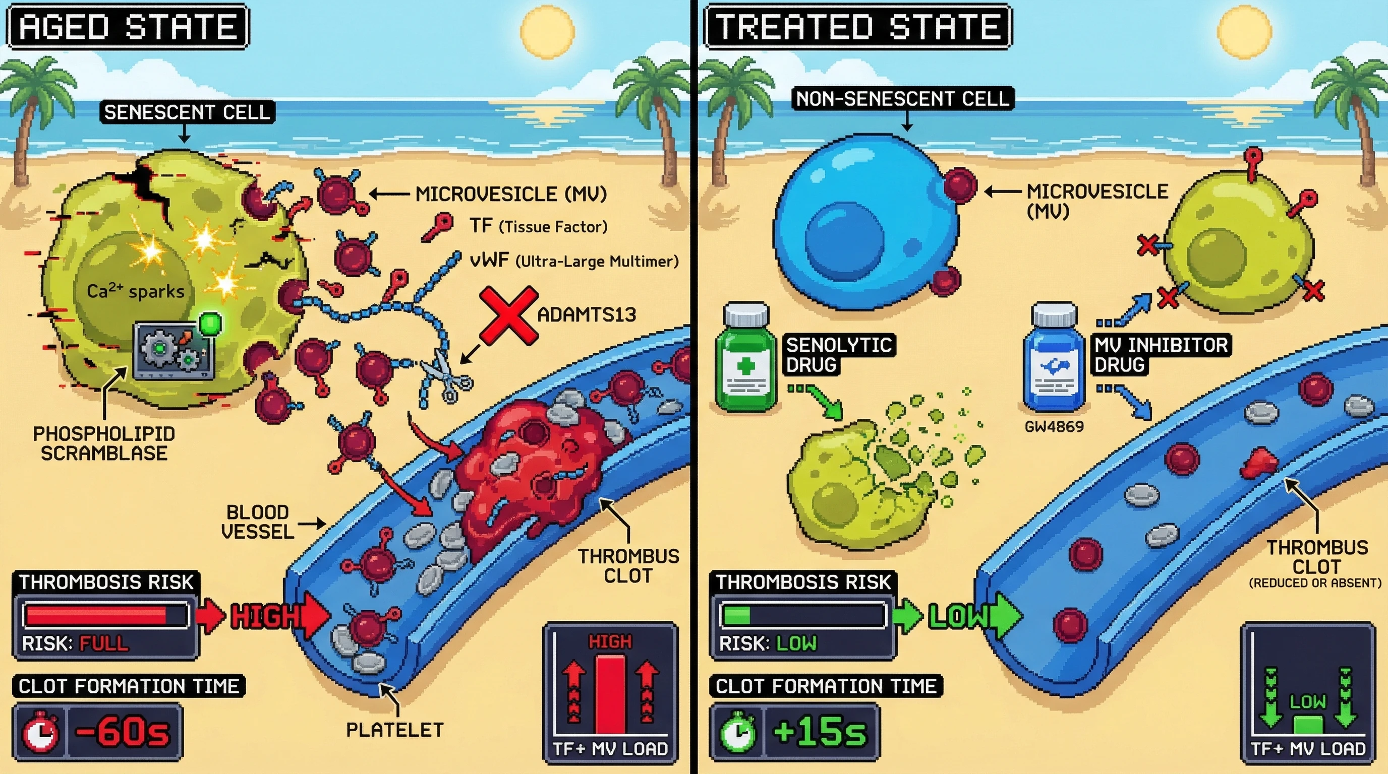 Mechanism: Senescent cells release tissue factor and vWF-enriched microvesicles, which act as procoagulant surfaces and promote thrombosis. Readout: Readout: Senolytic treatment combined with microvesicle release inhibition reduces thrombosis risk and normalizes clot formation time.
