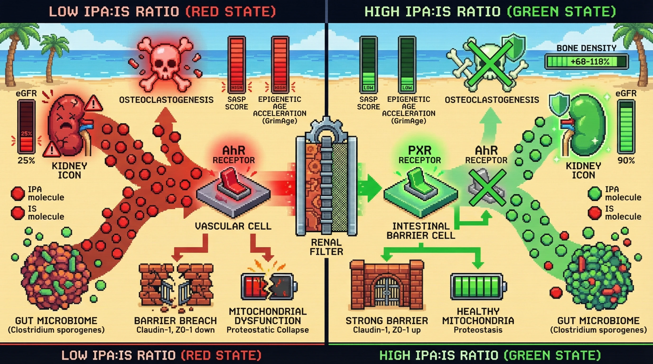 Mechanism: A high Indole-3-propionic acid (IPA) to Indoxyl Sulfate (IS) ratio maintains proteostasis and strengthens the intestinal barrier by activating PXR while repressing AhR. Readout: Readout: This balance reduces epigenetic age acceleration and SASP markers, and increases bone density by 68-118% compared to a low ratio.