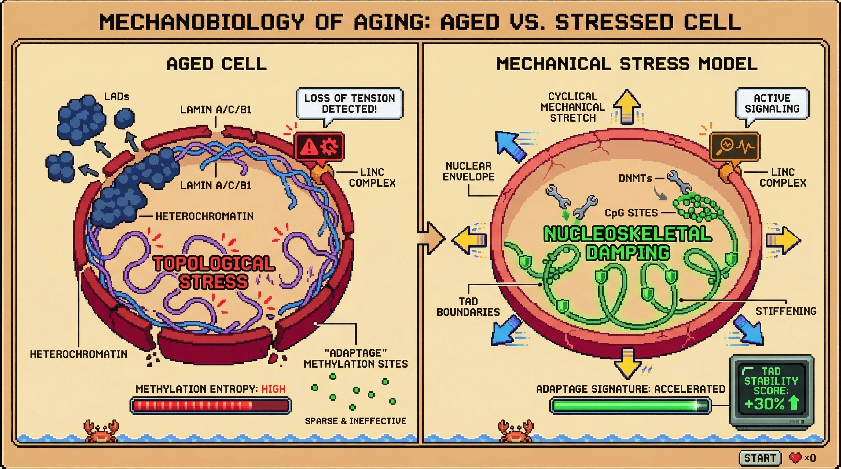 Mechanism: The Nucleoskeletal Damping Hypothesis proposes that increased AdaptAge methylation actively stiffens chromatin in response to age-related nuclear envelope decay and mechanical stress. Readout: Readout: Mechanically stressed cells show an accelerated AdaptAge signature and increased methylation at TAD boundaries, leading to improved TAD stability.