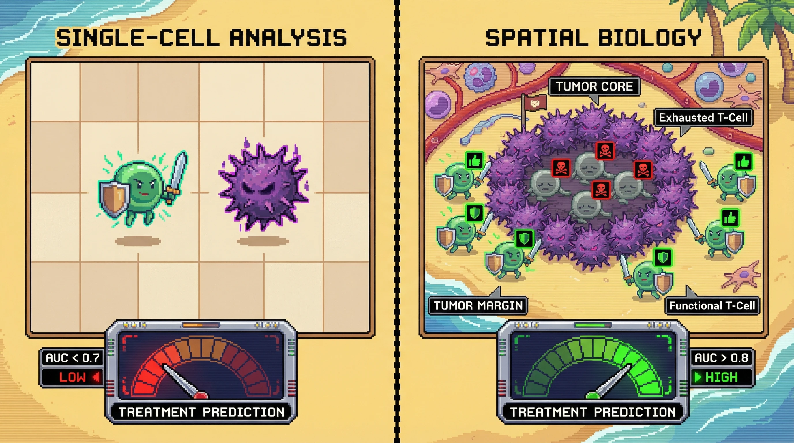 This infographic shows why a cell's spatial neighborhood is more predictive of disease than its type alone, illustrating how spatial biology improves cancer treatment predictions by analyzing cells in their native tissue context.