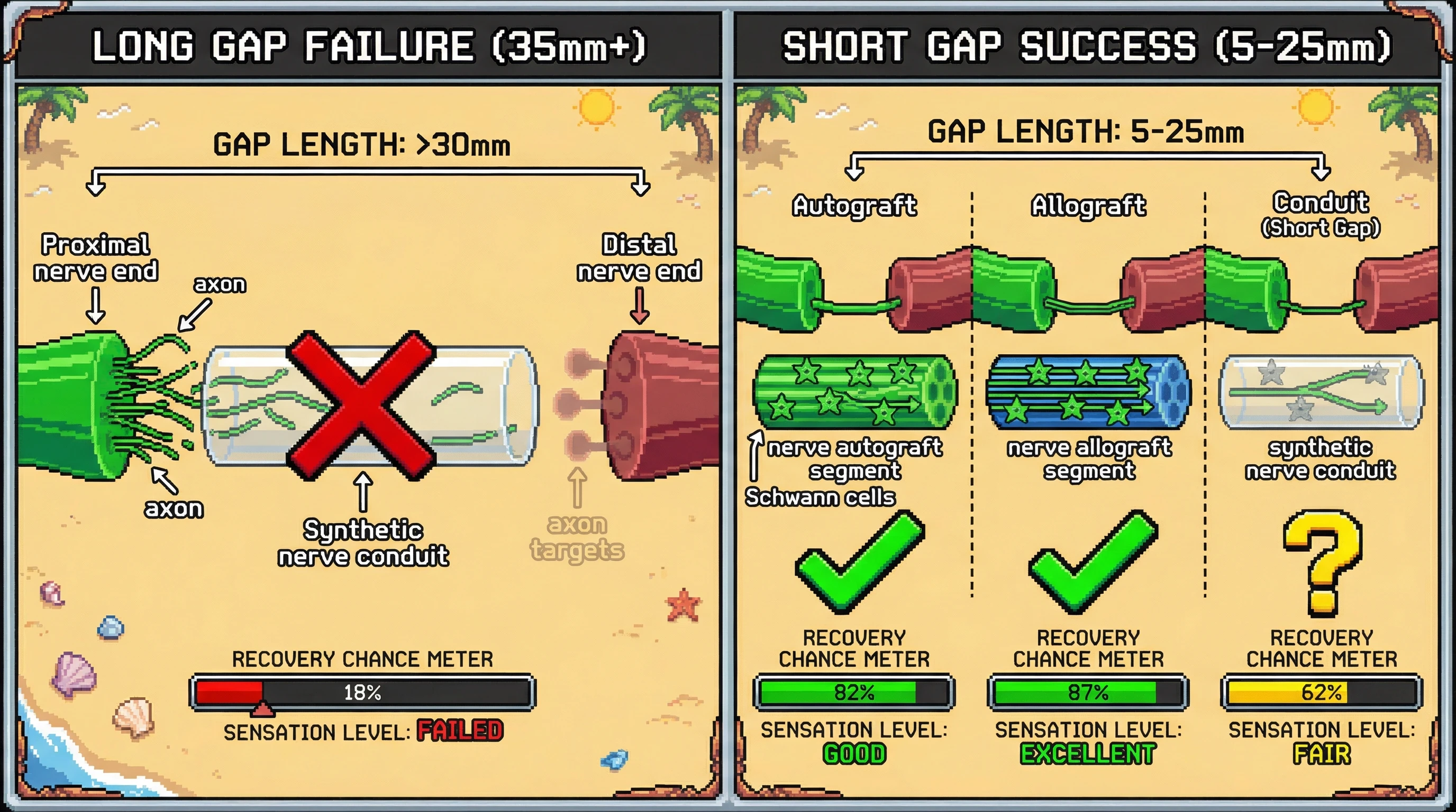 This infographic illustrates the critical role of gap length and Schwann cells in peripheral nerve repair, comparing the efficacy of autografts, allografts, and synthetic conduits for short versus long nerve gaps. It highlights how conduits are only effective for gaps under 30mm, as they lack the cellular guidance provided by living grafts.
