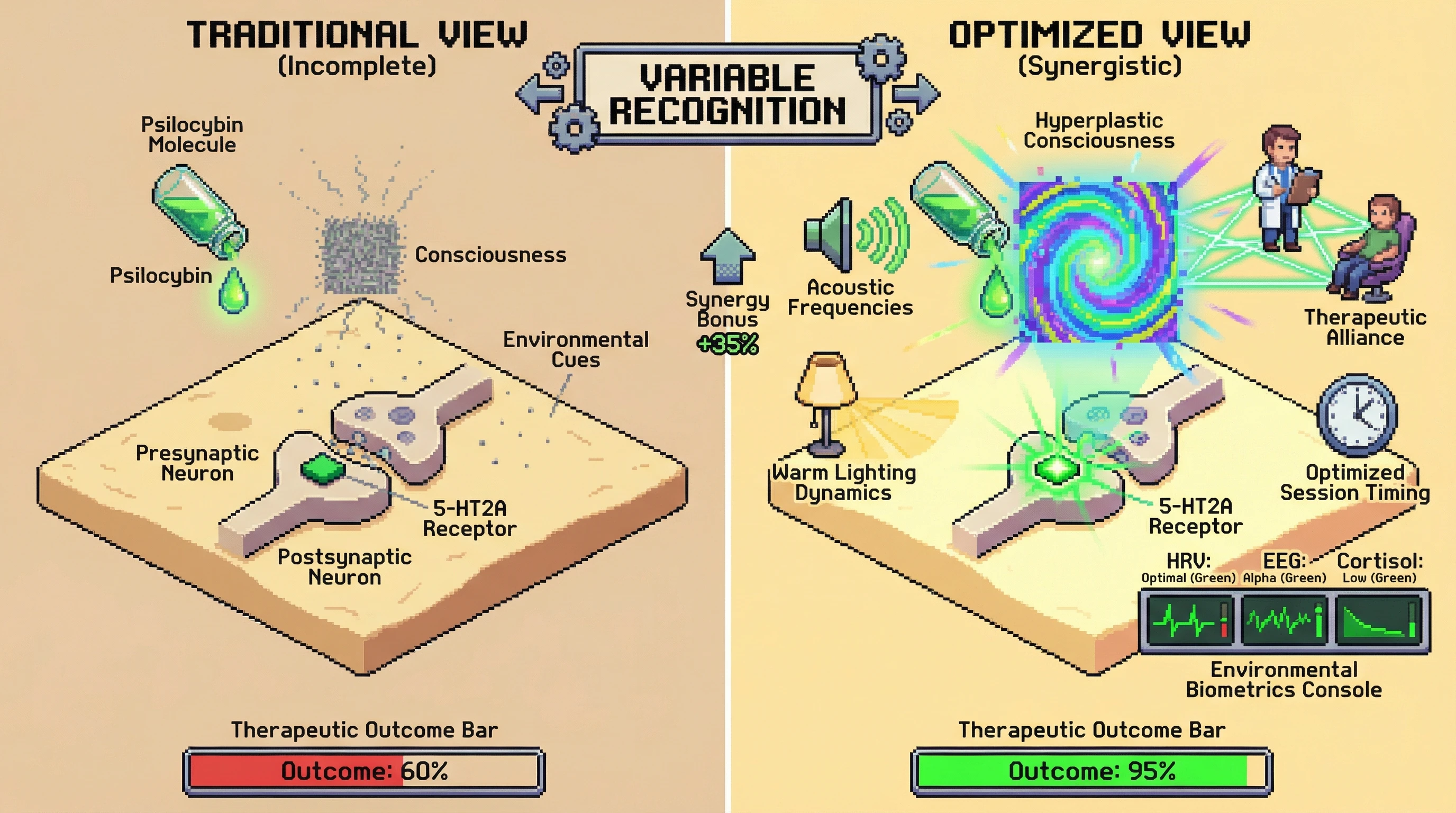 This infographic illustrates that psychedelic therapy outcomes are not solely dependent on the drug, but are synergistically enhanced by optimized 'set and setting' through increased 'hyperplasticity' of consciousness, as shown by improved therapeutic outcomes when environmental factors are precisely controlled.