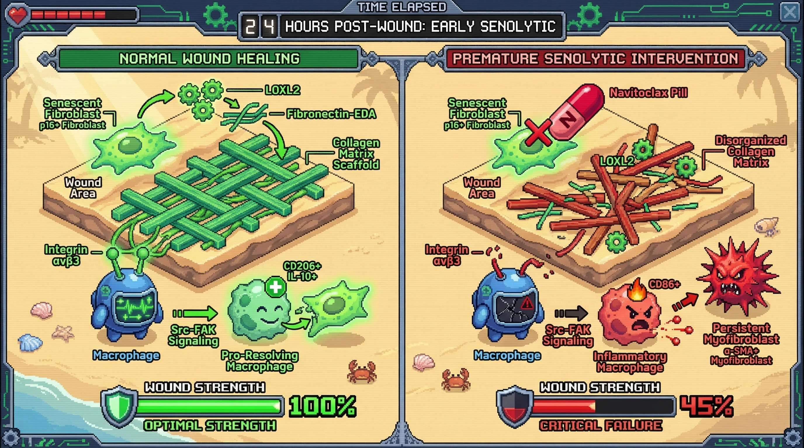 Infographic for: Transient senescent fibroblasts scaffold extracellular matrix to guide macrophage‑mediated resolution, and premature senolytic ablation disrupts wound repair