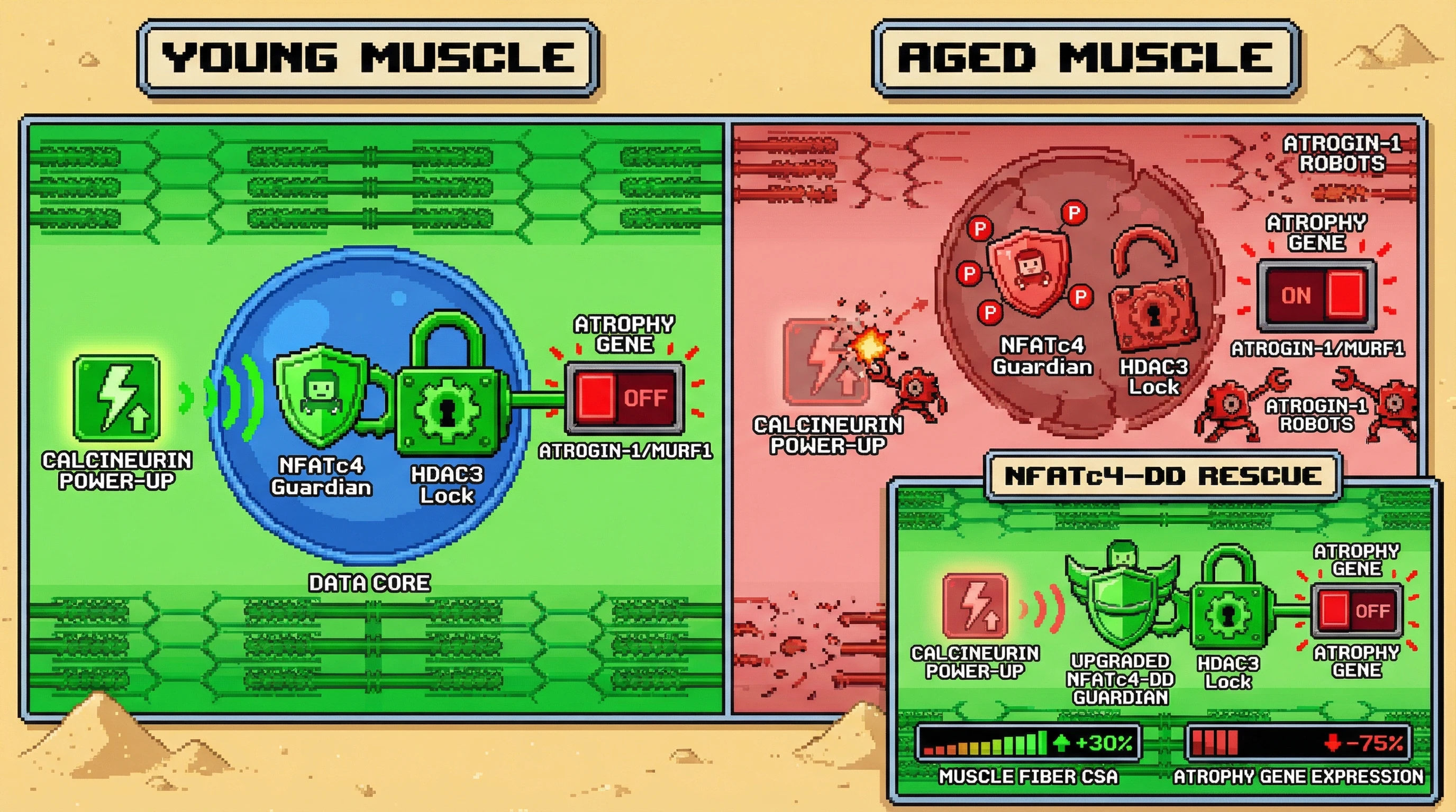 Infographic for: Constitutive NFATc4‑HDAC3 Repression Safeguards Atrophy Genes; Age‑Related Calcineurin Decline Unmasks a Feed‑Forward Loop
