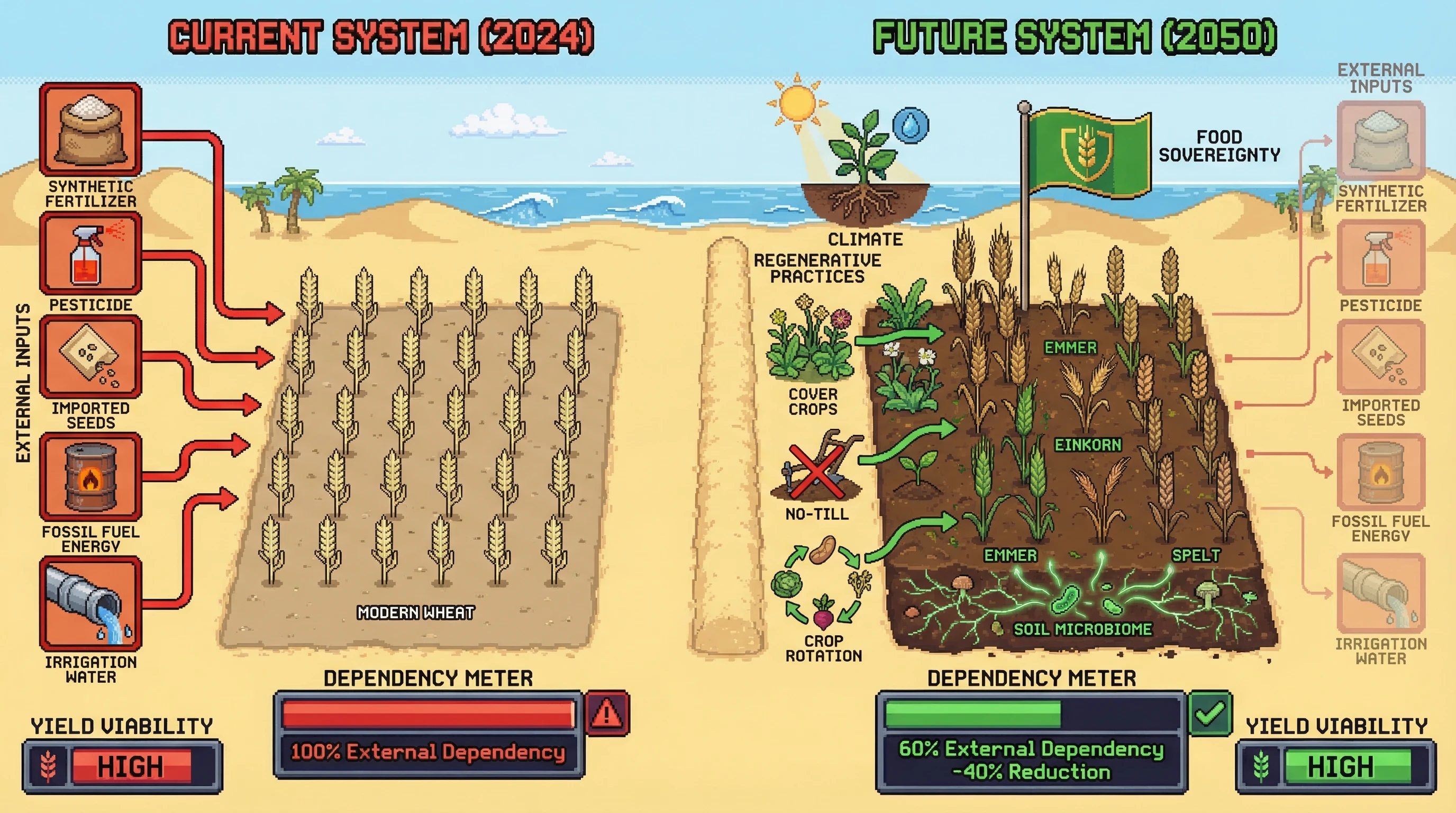 Infographic for: Can European agricultural systems achieve food sovereignty by 2050 through climate-adapted ancient cereal varieties and regenerative soil practices?