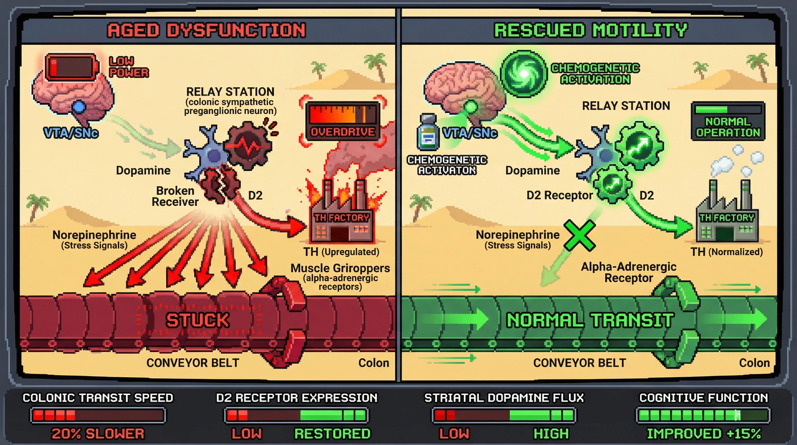 Infographic for: Restoring central dopaminergic tone rescues age‑related colonic dysmotility by reestablishing brain‑to‑gut inhibitory dopamine signaling