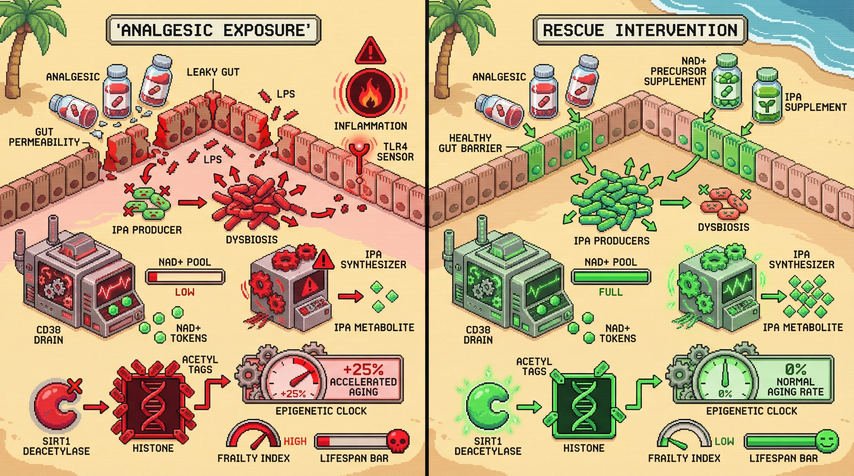 Infographic for: Chronic analgesic use accelerates epigenetic aging via microbiome‑NAD+‑SIRT1 axis disruption