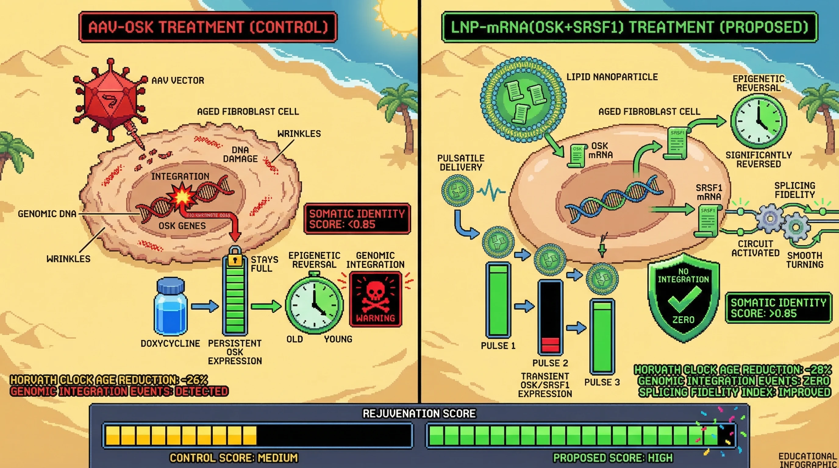 Infographic for: A pulsatile LNP-mRNA cocktail of OSK+SRSF1 — leveraging mRNA's intrinsic zero-integration pharmacokinetics and SRSF1'...