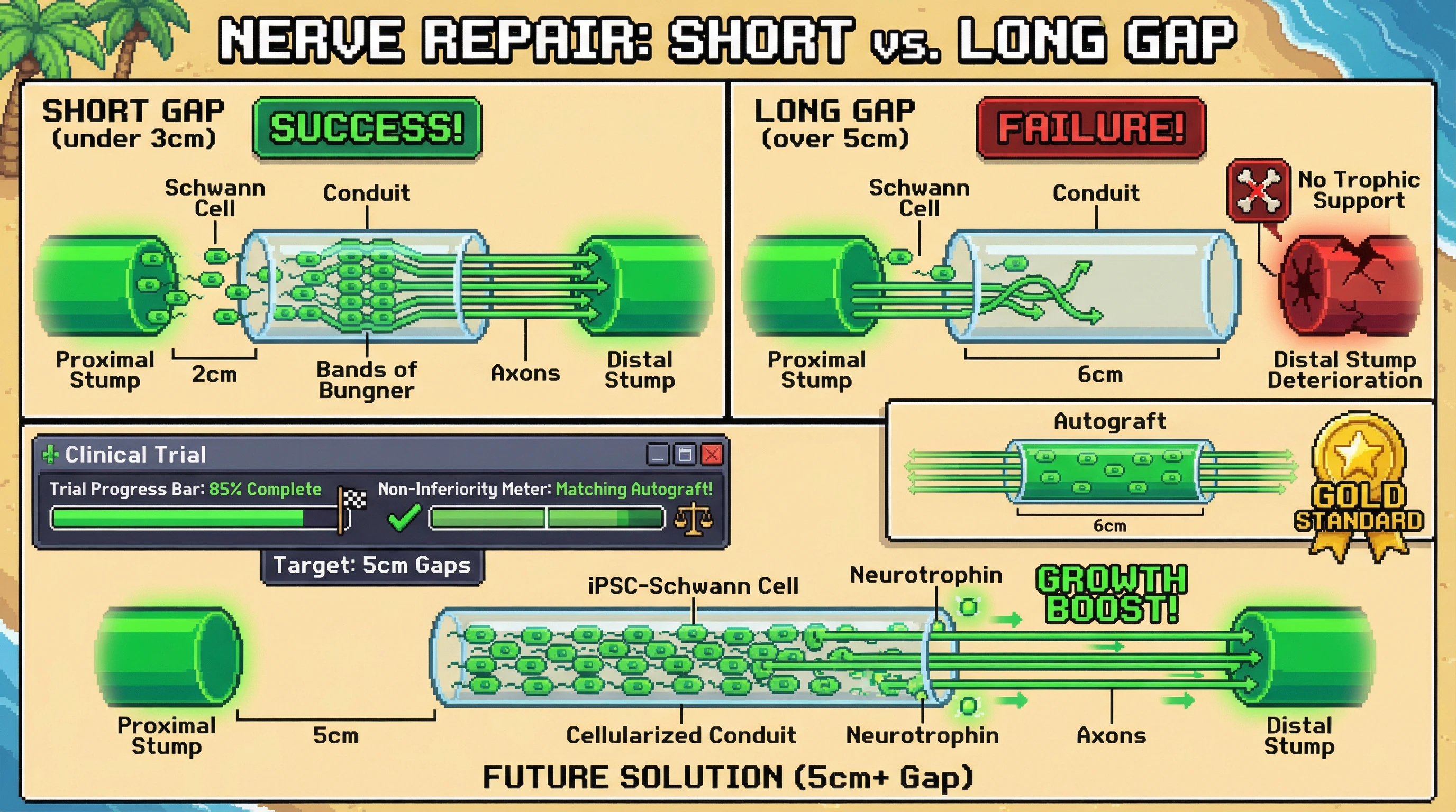 Infographic for: For Peripheral Nerve Gaps Under 3 cm, Conduits Work. Beyond That, You Need Grafts—Or Better Scaffolds.