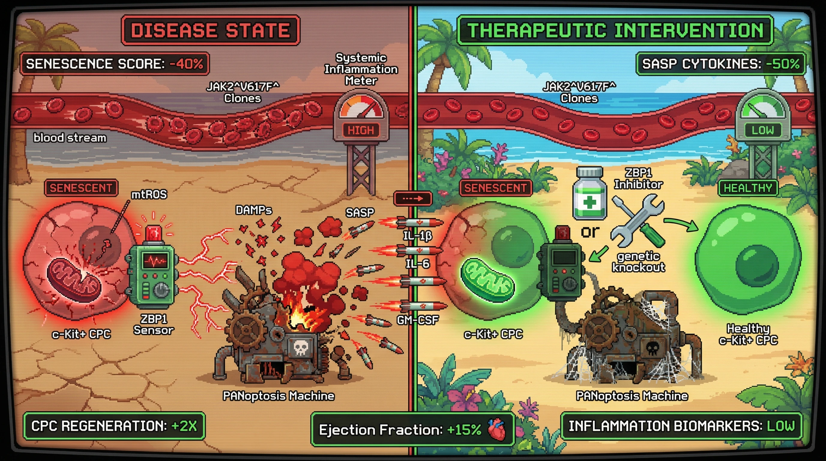 Infographic for: ZBP1‑Mediated PANoptosis Drives SASP Amplification in Senescent Cardiac Progenitor Cells