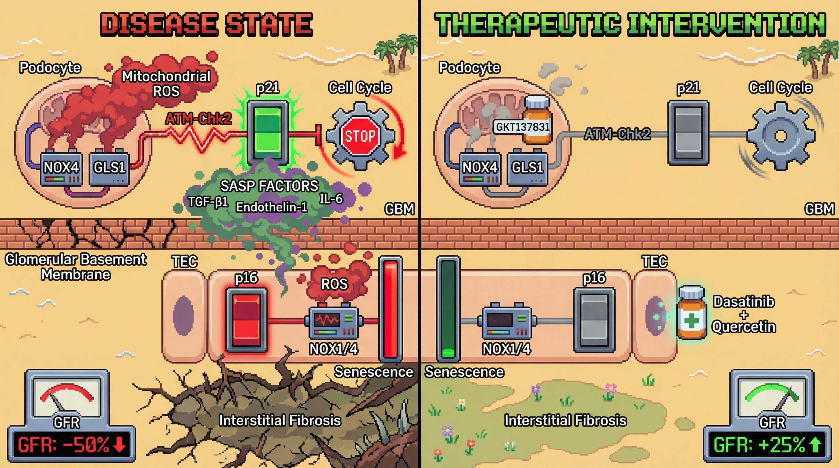 Infographic for: Podocyte‑specific p21 induction via mitochondrial ROS drives a paracrine SASP that accelerates tubular senescence and fibrosis in chronic kidney disease