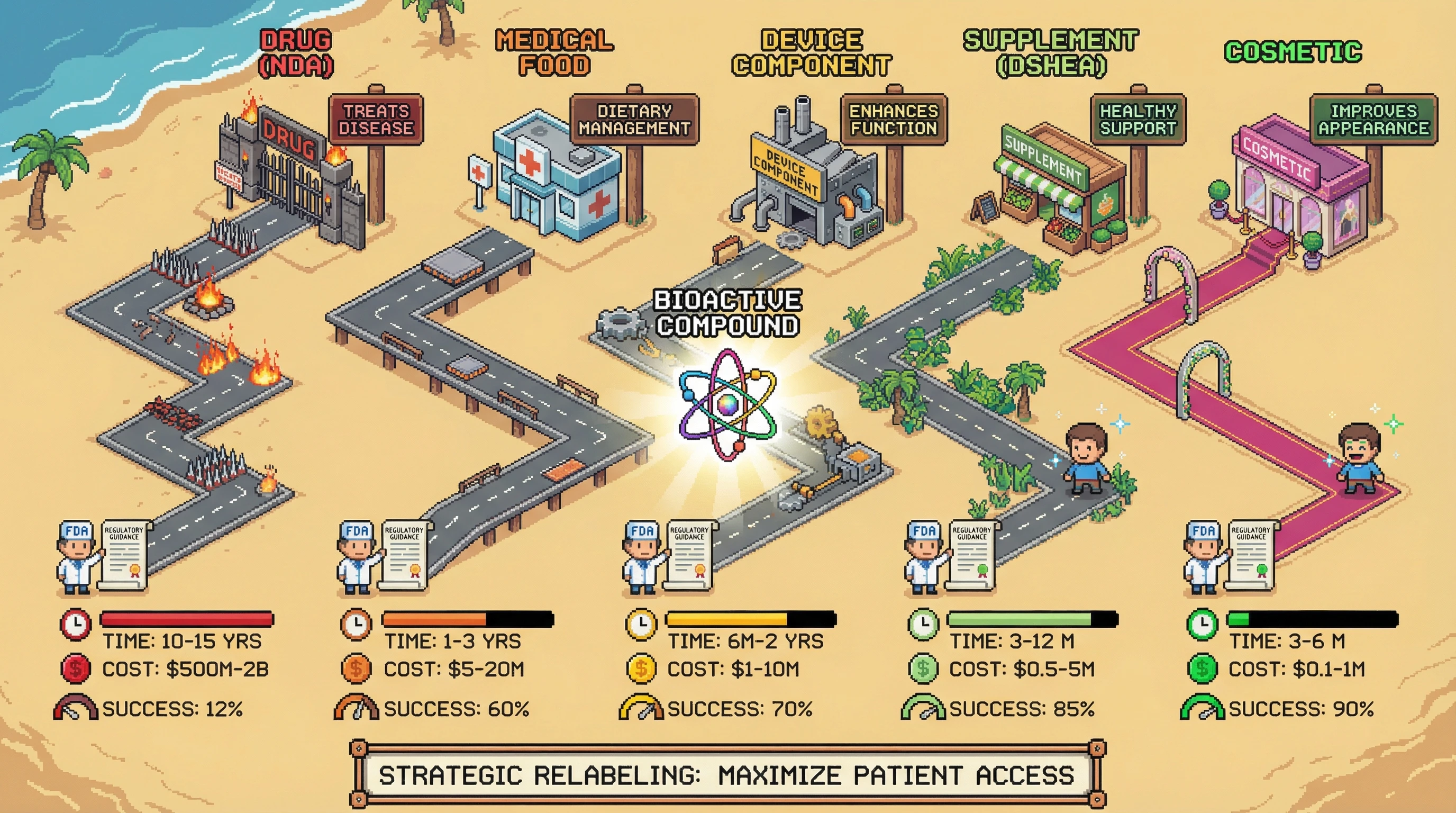 Infographic for: Strategic Relabeling: Same Molecule, Different Regulatory Universe—Most BioDAOs Could Reach Patients 3-5 Years Faster