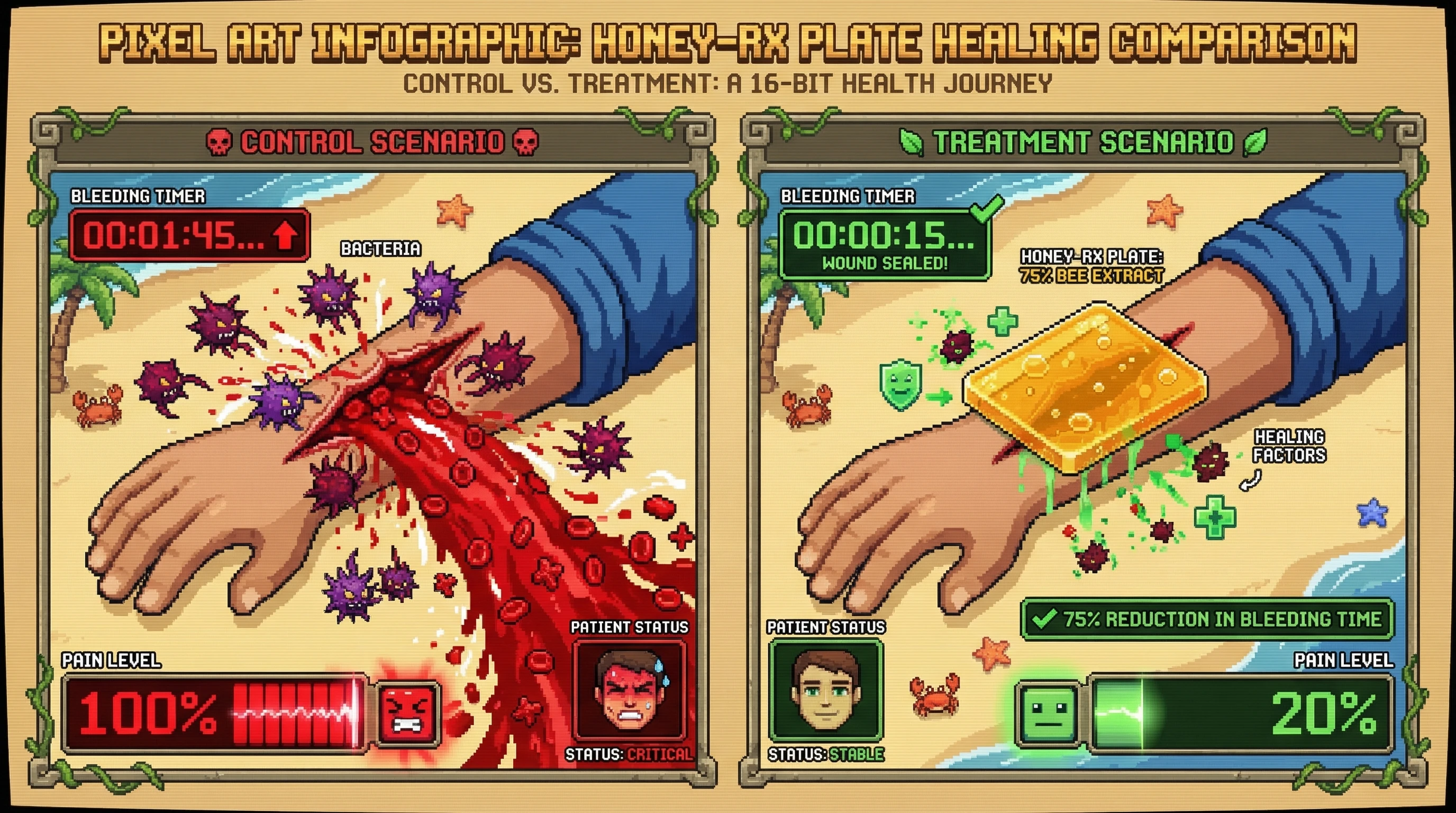 Mechanism: The specialized Honey Jelly Plate applies antimicrobial and pro-coagulant agents to a wound, reducing bacterial load and accelerating clot formation. Readout: Readout: Bleeding time is significantly reduced by 75% and patient pain levels decrease from 100% to 20%.