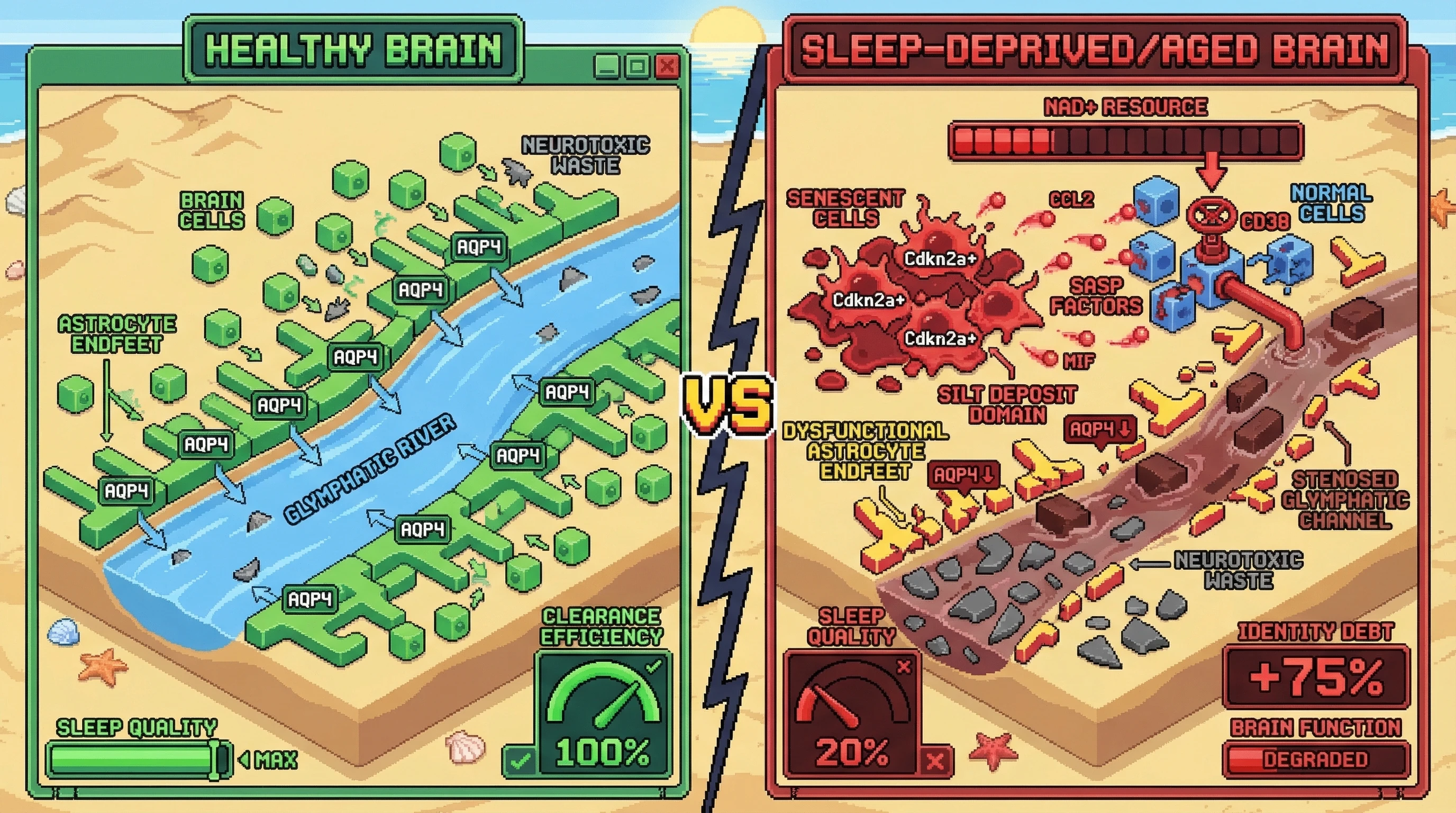 Mechanism: Senescent cells form 'silt deposits' via SASP factors, which deplete NAD+ in neighboring cells, impairing glymphatic flow. Readout: Readout: This creates localized 'clearance dead zones' where neurotoxic waste accumulates, leading to an 'Identity Debt' score of +75% and 'Brain Function' degradation.