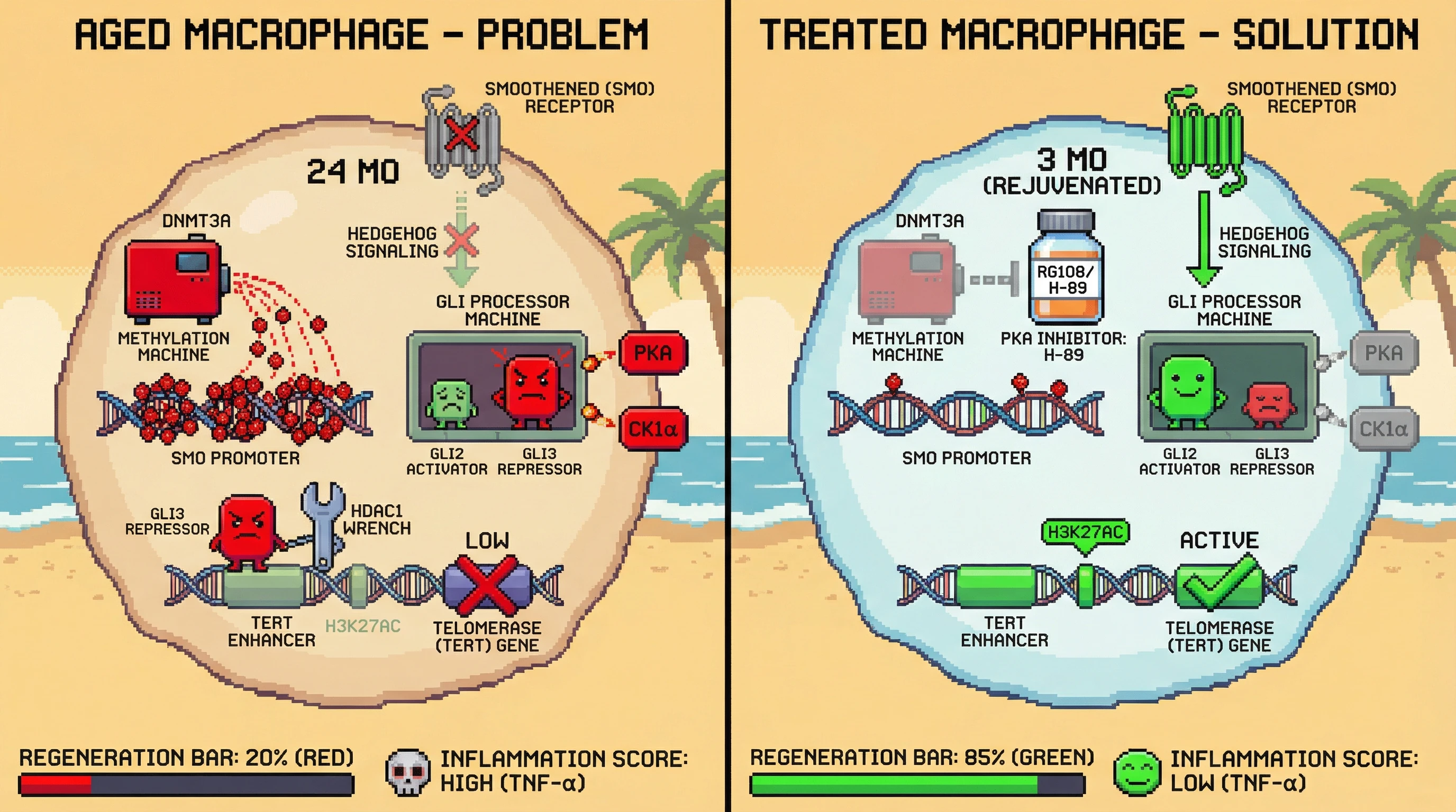 Mechanism: Aging upregulates DNMT3A, epigenetically silencing Smoothened and shifting GLI processing to favor GLI3 repressor, which suppresses telomerase. Readout: Readout: Inhibiting DNMT3A restores Smo, increases H3K27ac at Tert enhancers, and improves regeneration while lowering inflammation.