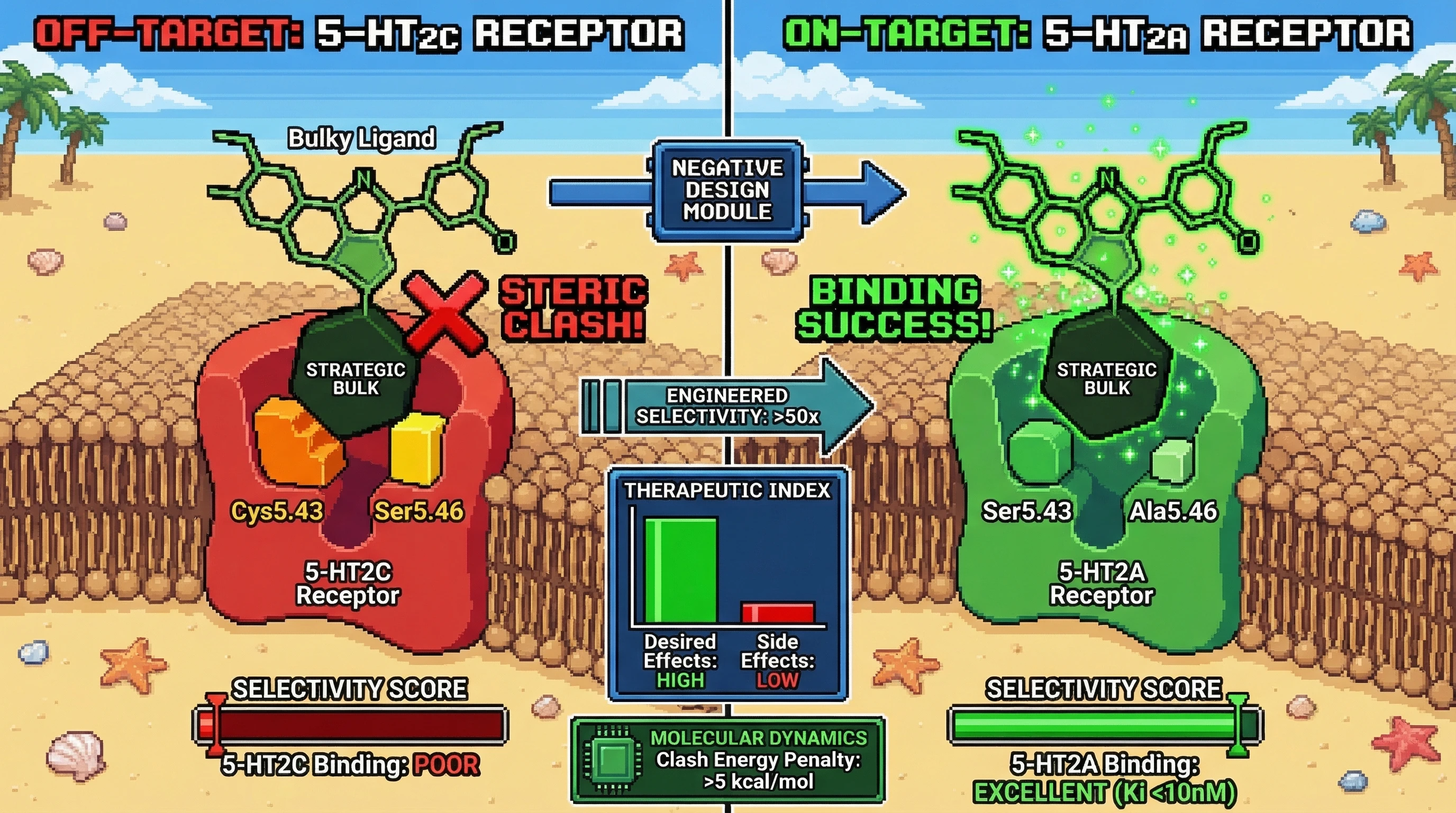 Infographic for: Negative Design for 5-HT2A Selectivity: Steric Clashes as the Secret to Therapeutic Windows