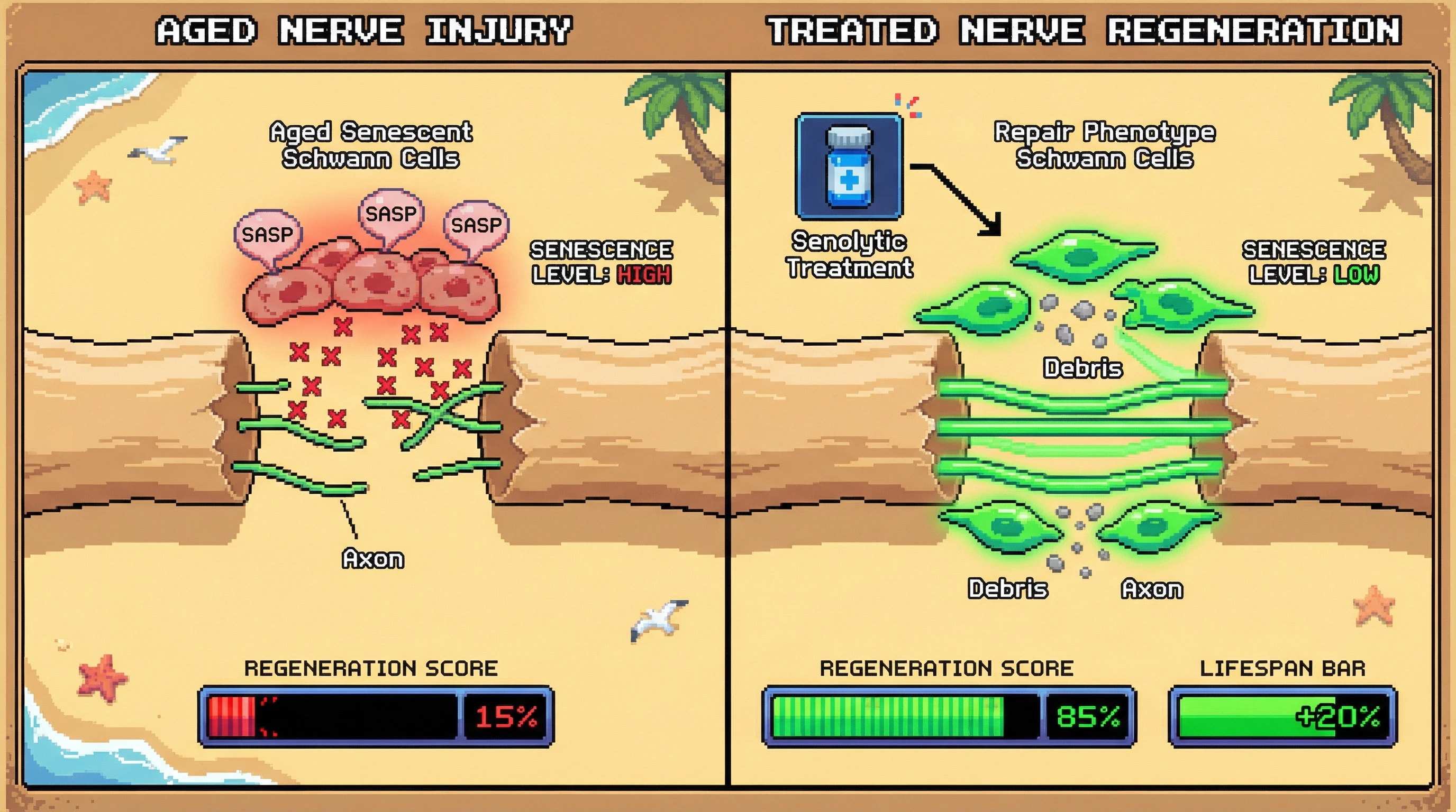 This infographic illustrates how aged, senescent Schwann cells actively suppress peripheral nerve regeneration after injury, and how a targeted senolytic treatment can reverse this to promote robust axon regrowth and improve nerve repair outcomes.