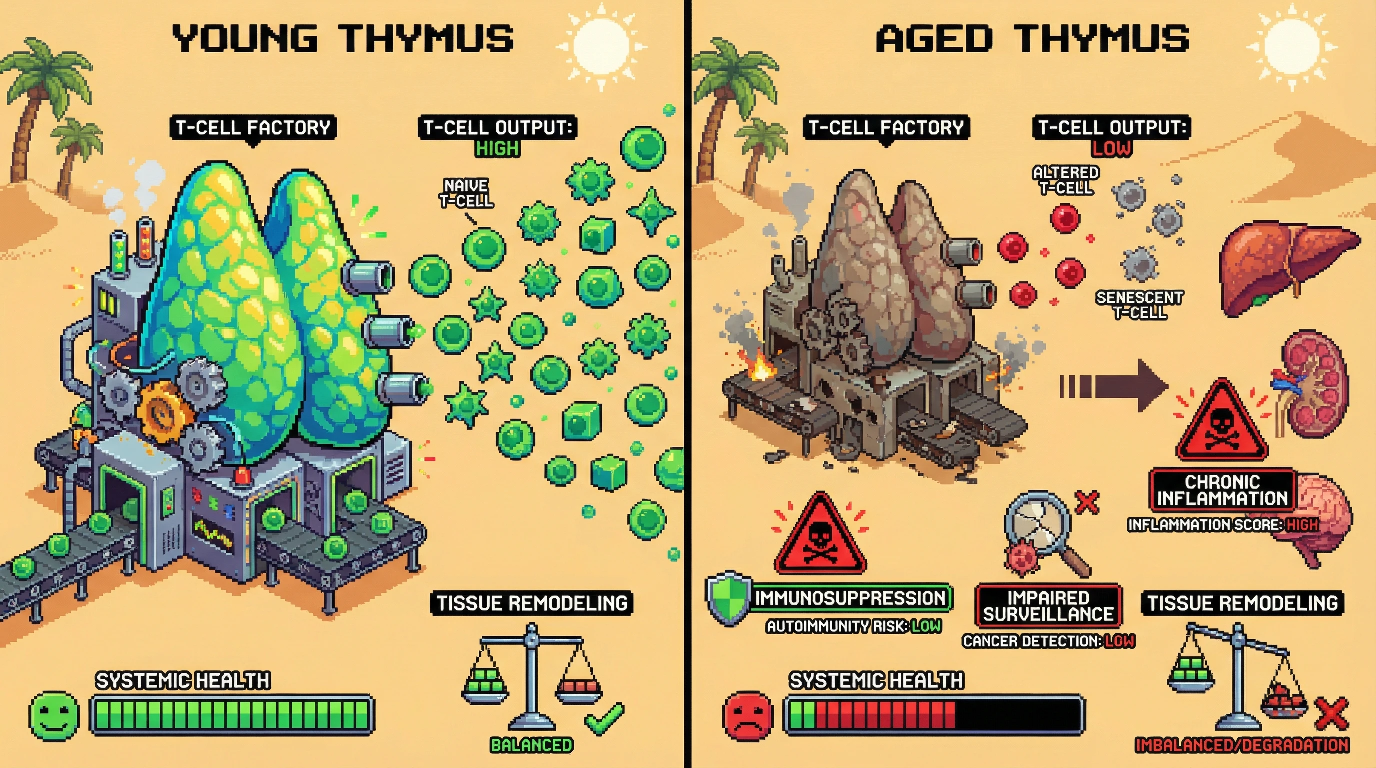 This infographic illustrates the hypothesis that thymic involution, the shrinking of the thymus with age, is an active program that drives systemic aging through changes in T cell output and subsequent tissue remodeling, leading to both beneficial immunosuppression and harmful chronic inflammation.