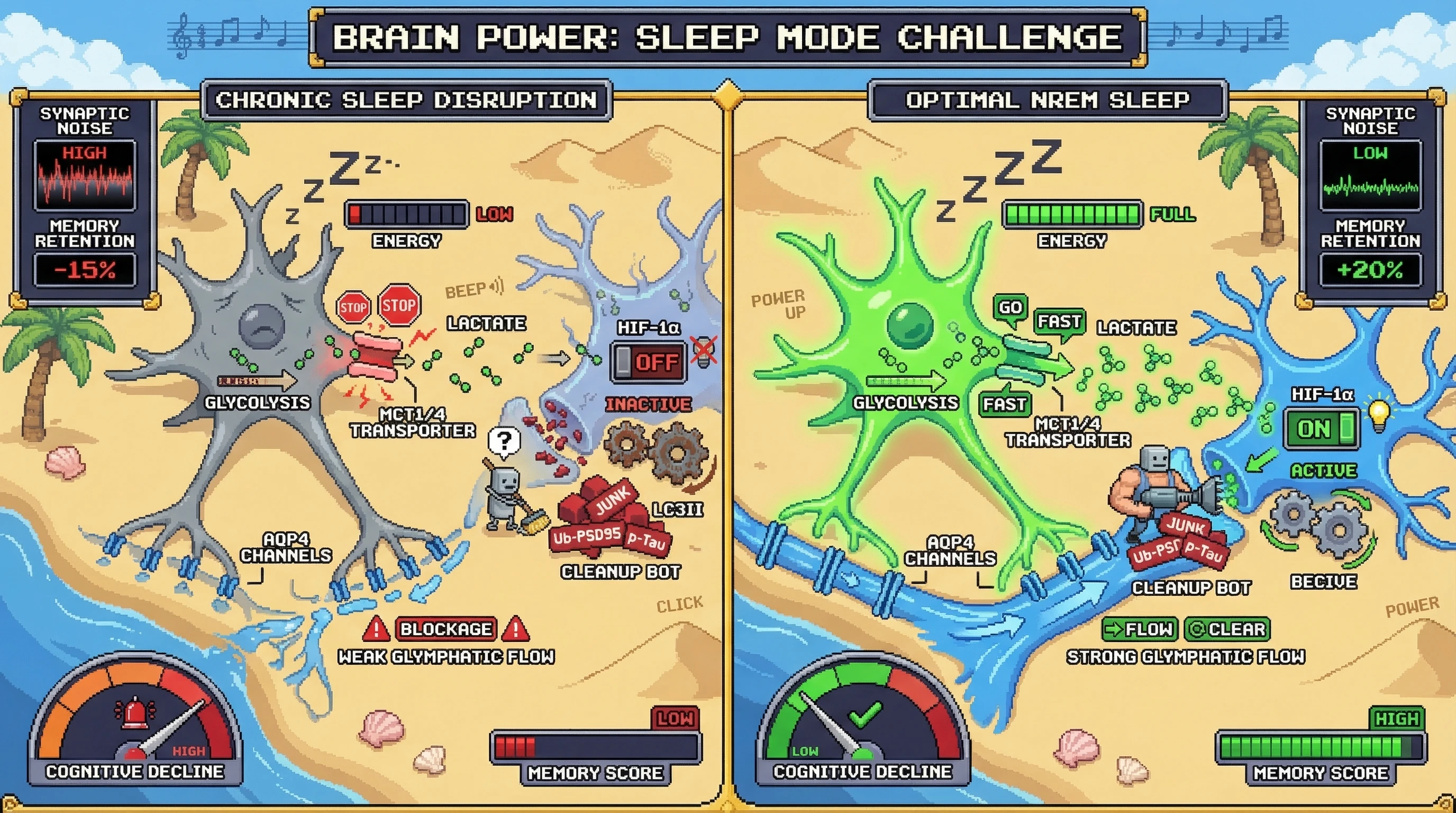 Mechanism: During optimal sleep, astrocytic lactate surges, activating neuronal HIF-1α to boost autophagy and glymphatic flow, clearing synaptic 'junk'. Readout: Readout: This process reduces synaptic noise and enhances memory retention, contrasting with sleep disruption's negative impact.