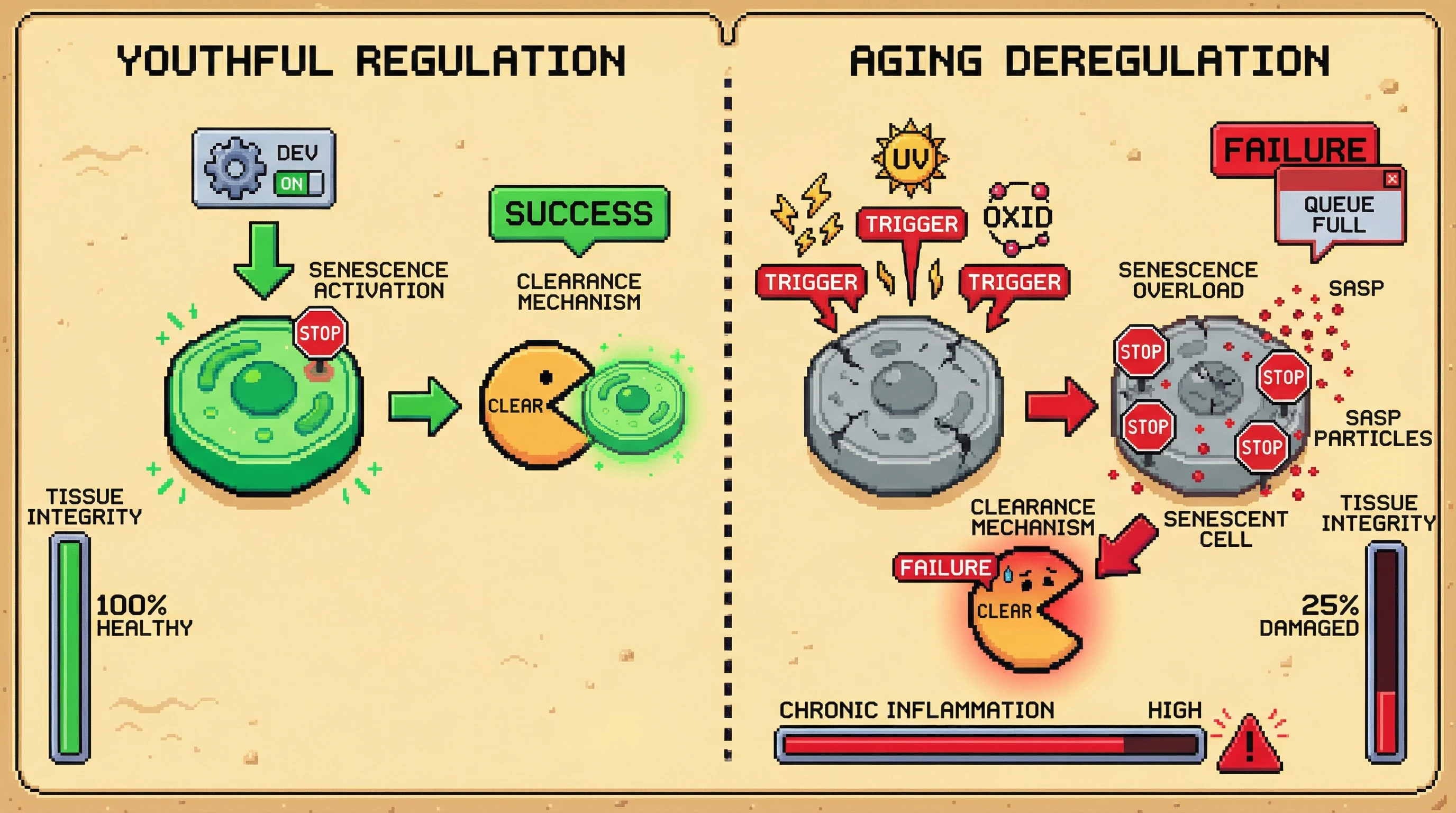 This infographic contrasts how cellular senescence is a tightly regulated developmental program in youth, quickly cleared for tissue health, versus how aging hijacks this program, leading to an overload of uncleared senescent cells and chronic inflammation.